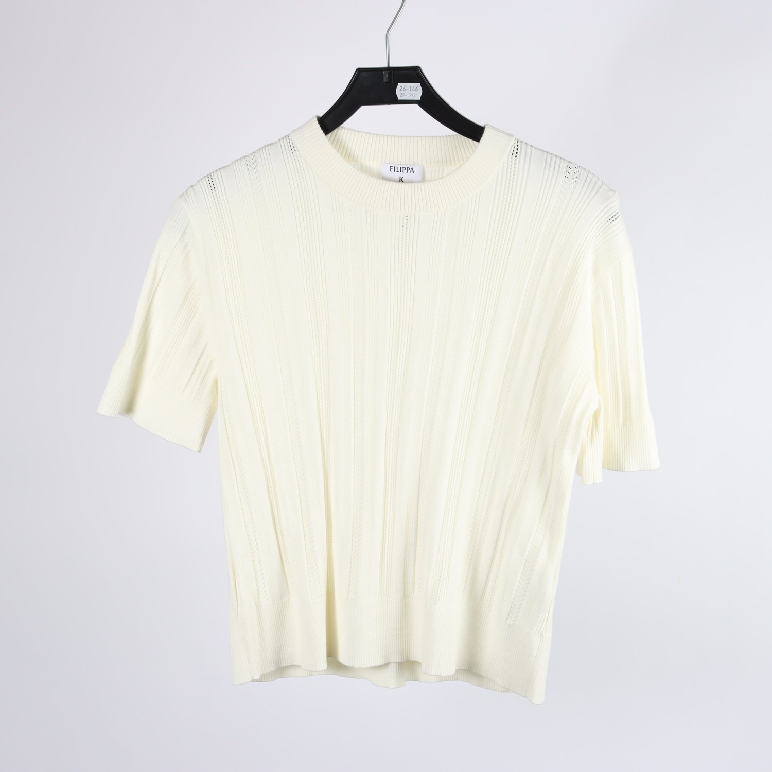 Stickad T-shirt, pointel mönster, vit, stl. M