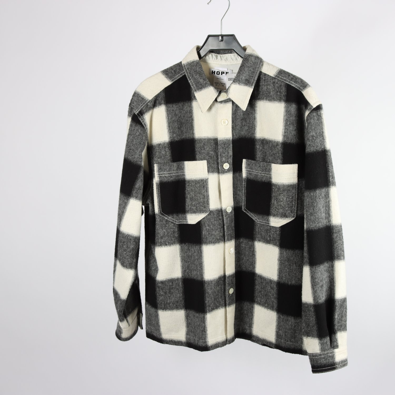 Overshirt, Hope, svart/vit rutig, ull mix, stl. Herr 48 Dam 40 (L)