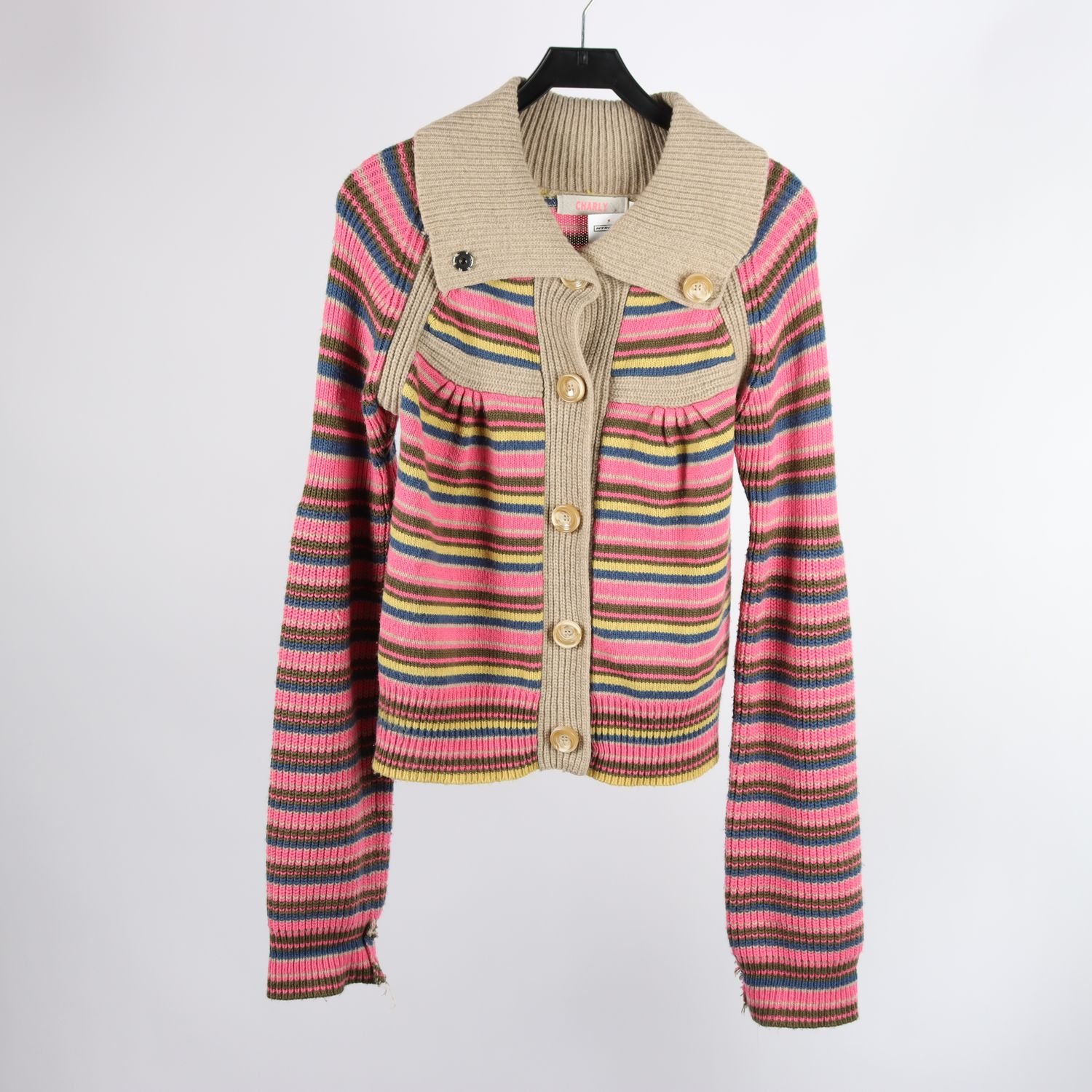 Stickad ullkofta, Charly, rosa, randig, 30% ull, stl. 2 (M)