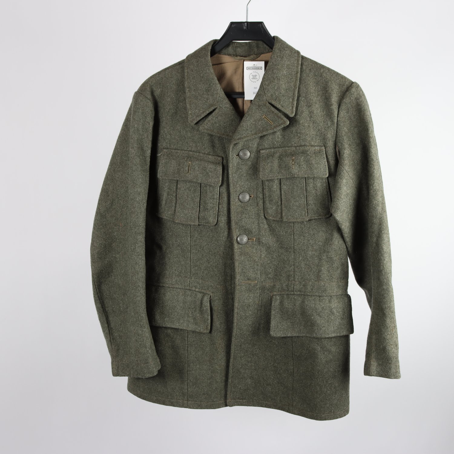 Fältjacka från 1950, försvarsmakten tre kronor, grön, ull, stl. 92 (ca S)