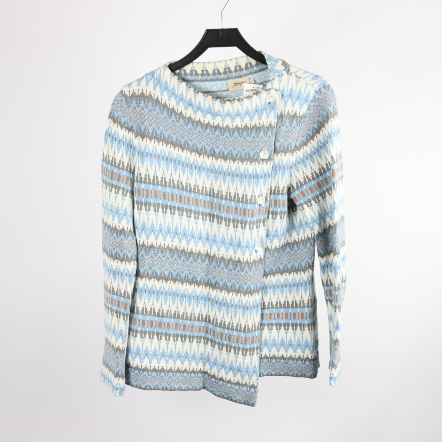 Stickad kofta, Jumperfabriken, blå, mönstrad, 100% bomull, stl. L