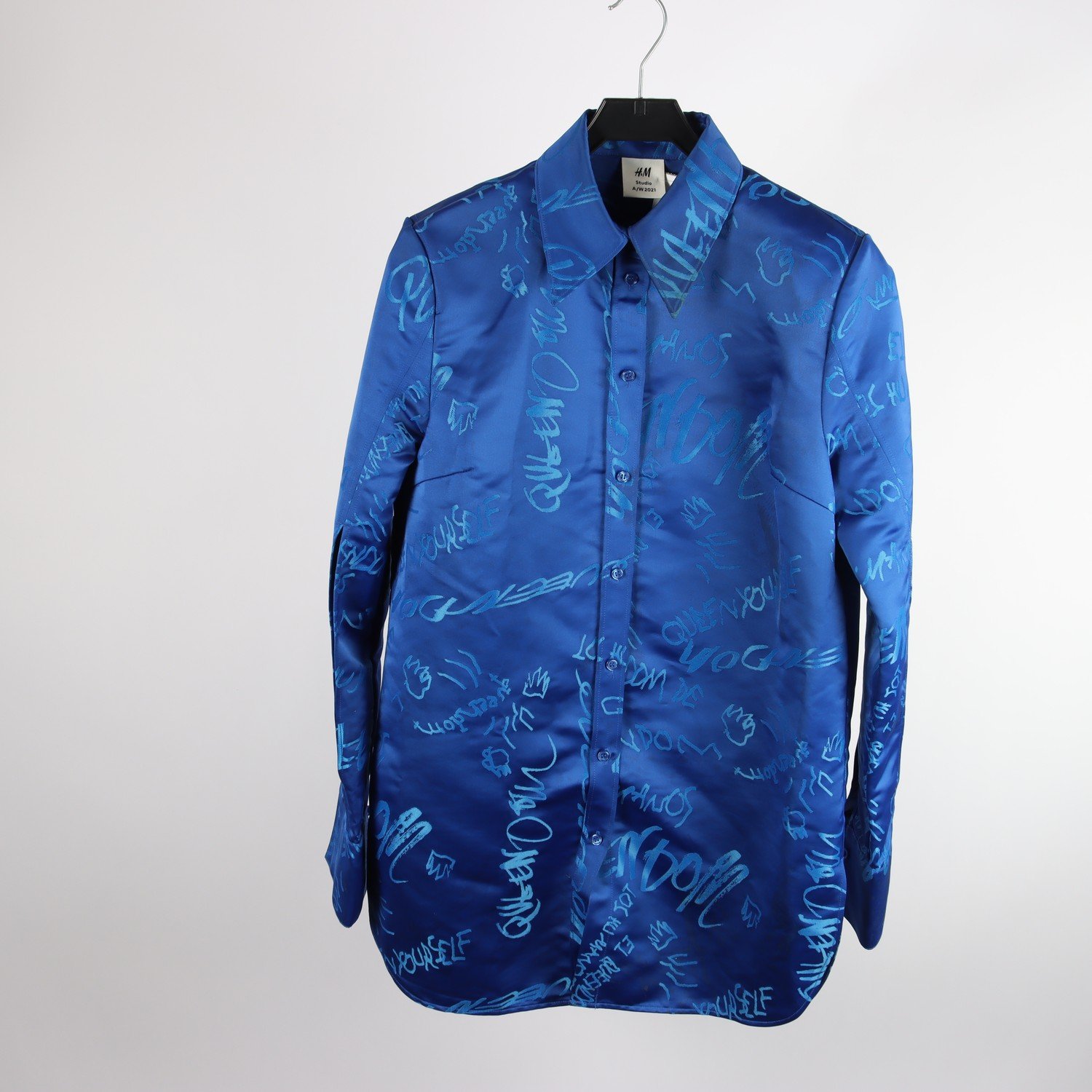 Skjortklänning, H&M Studios, A/W 2021, blå, axelvaddar, stl. 38