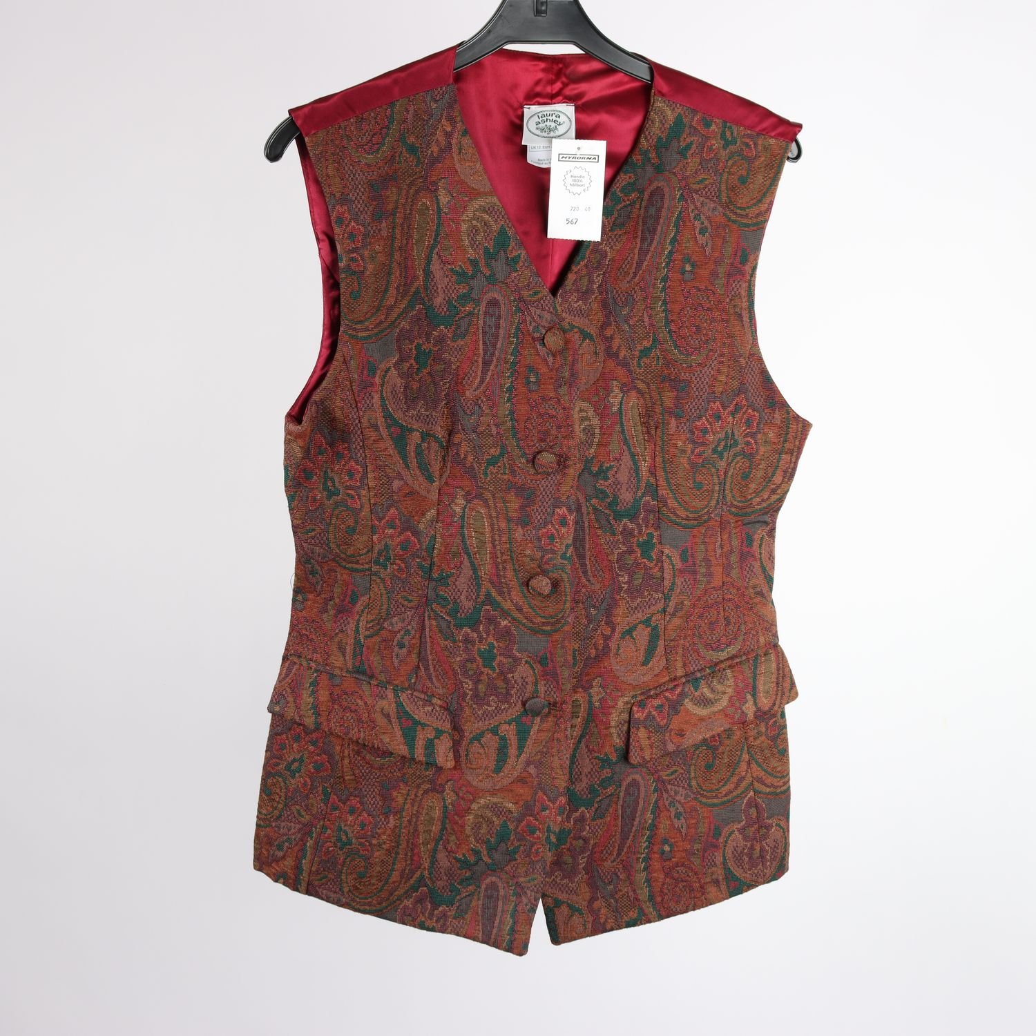Väst, Laura Ahsley, vintage, vinröd, paisley, stl. 38
