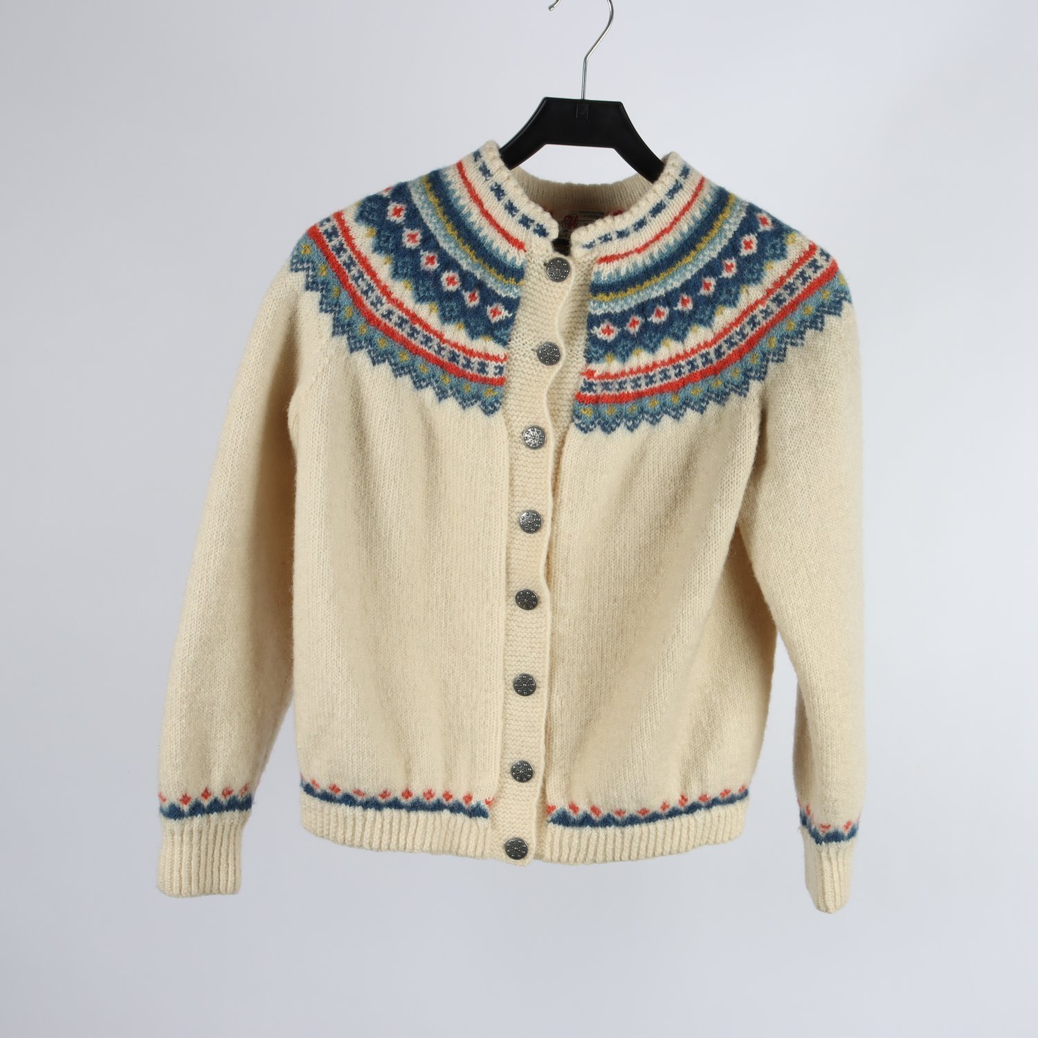 Norsk ullkofta, Husftiden Lillehammer, ljusbeige, mönstrad, 100% ull, stl. ca M