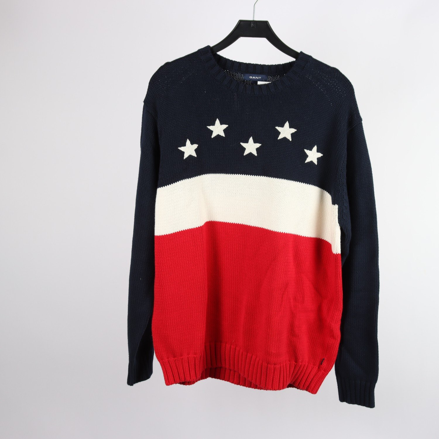 Stickad tröja, Gant, blå, vit, röd, 100 % bomull, stl. XL