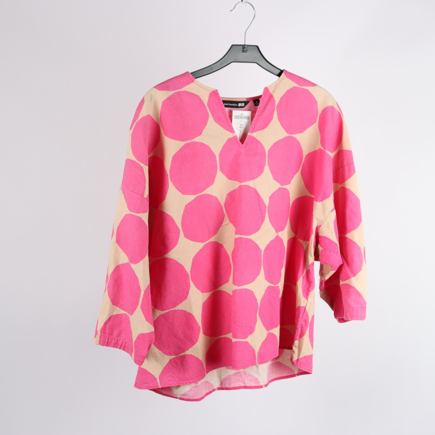 Blus, Marimekko x Uniqlo, rosa, beige, prickig, 50 % linne, stl. M