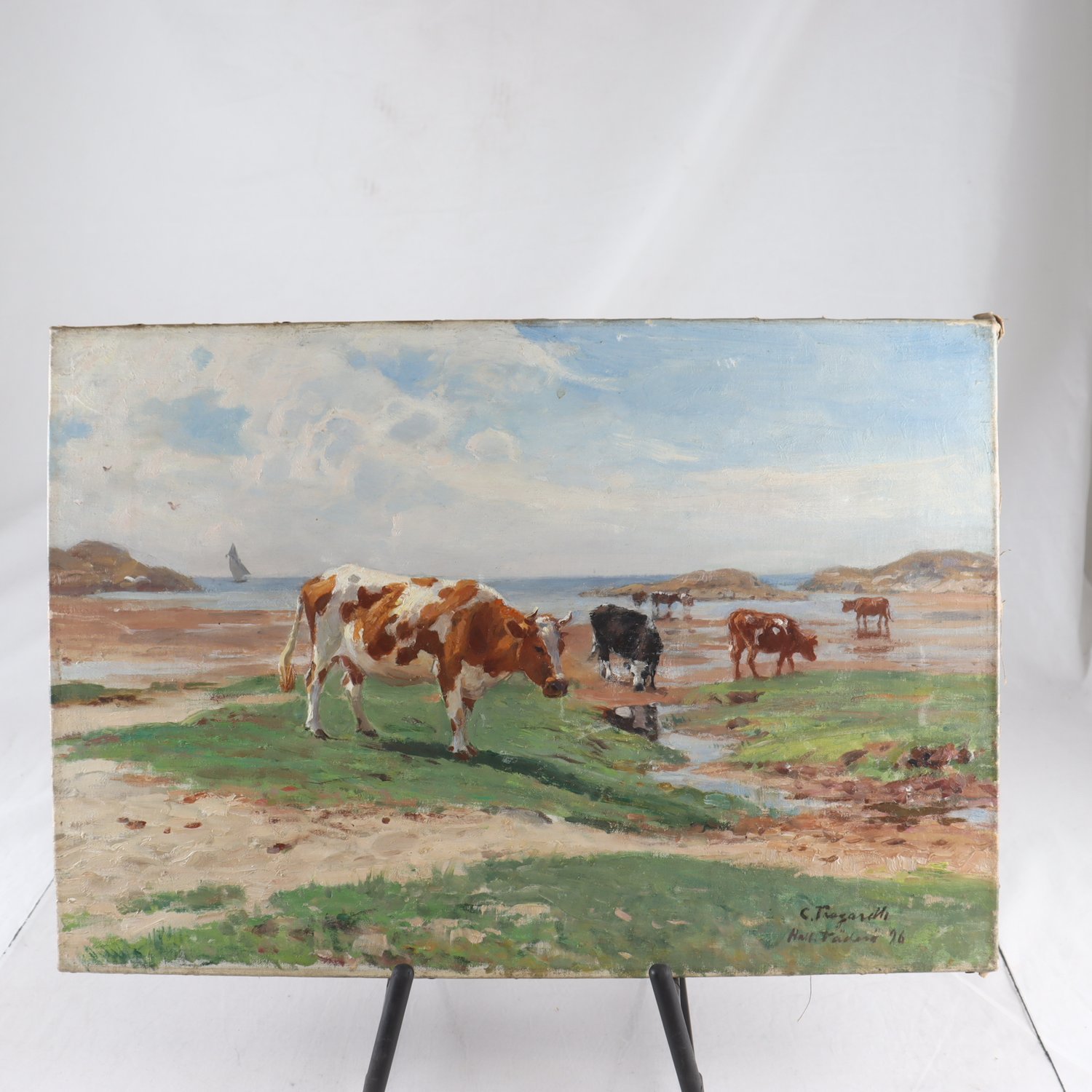 Olja på duk, kor på bete, Carl Trägårdh, sign. år 1896. Samfraktas ej.