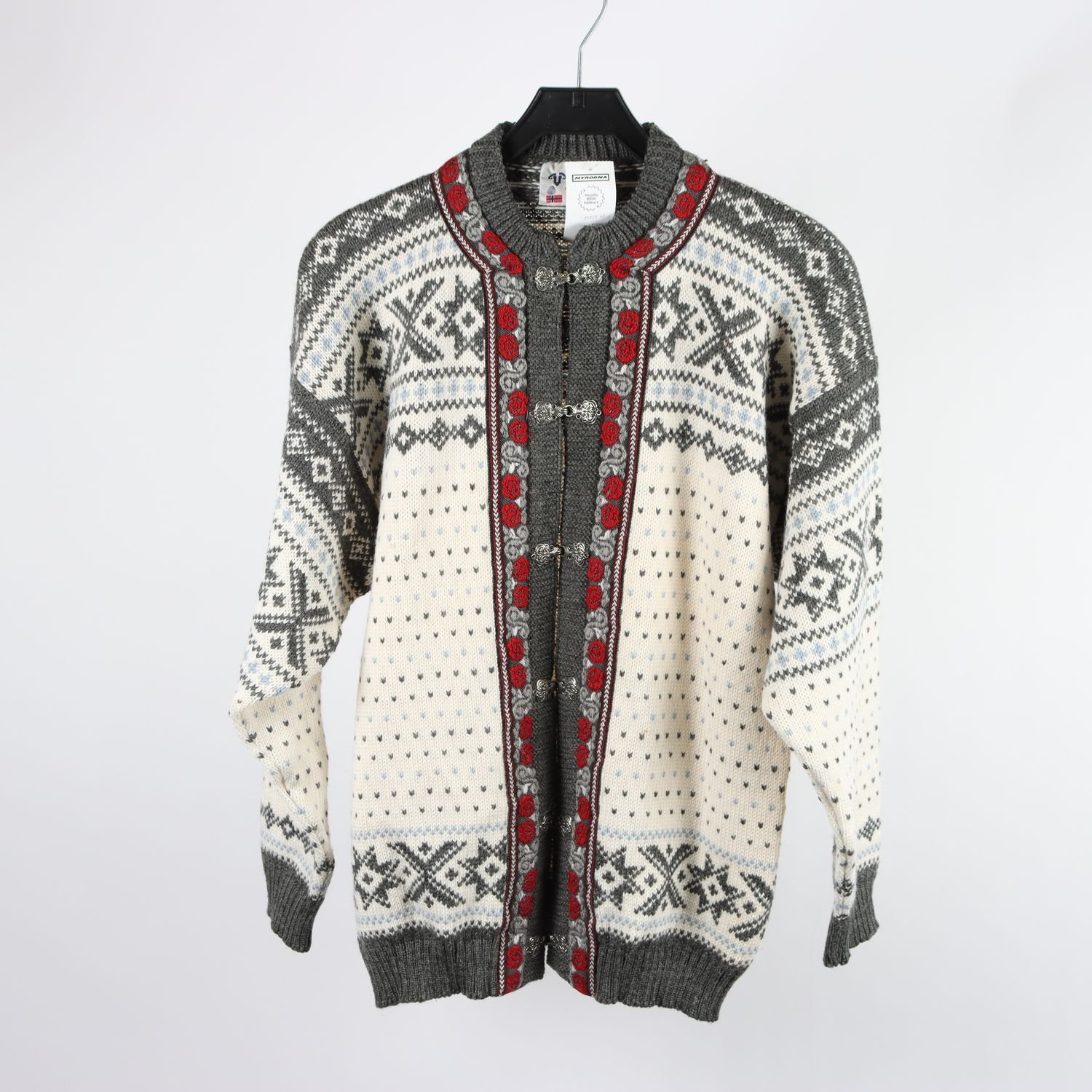 Stickad kofta, VOSS Made in Norway, mönstrad, 100% ull, stl. XL