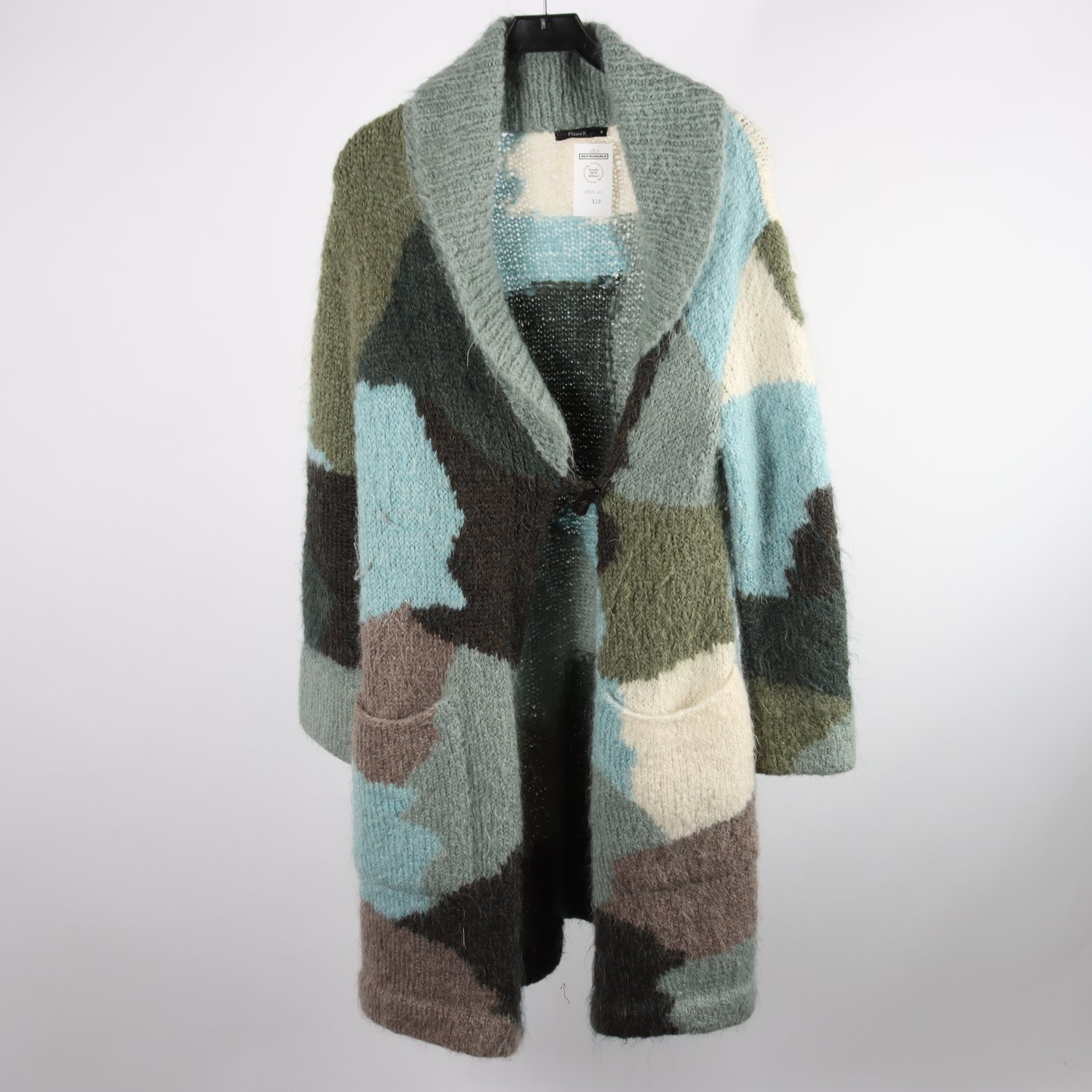 Stickad kofta, Filippa K, grön/turkos, mönstrad, 45% mohair, stl. M