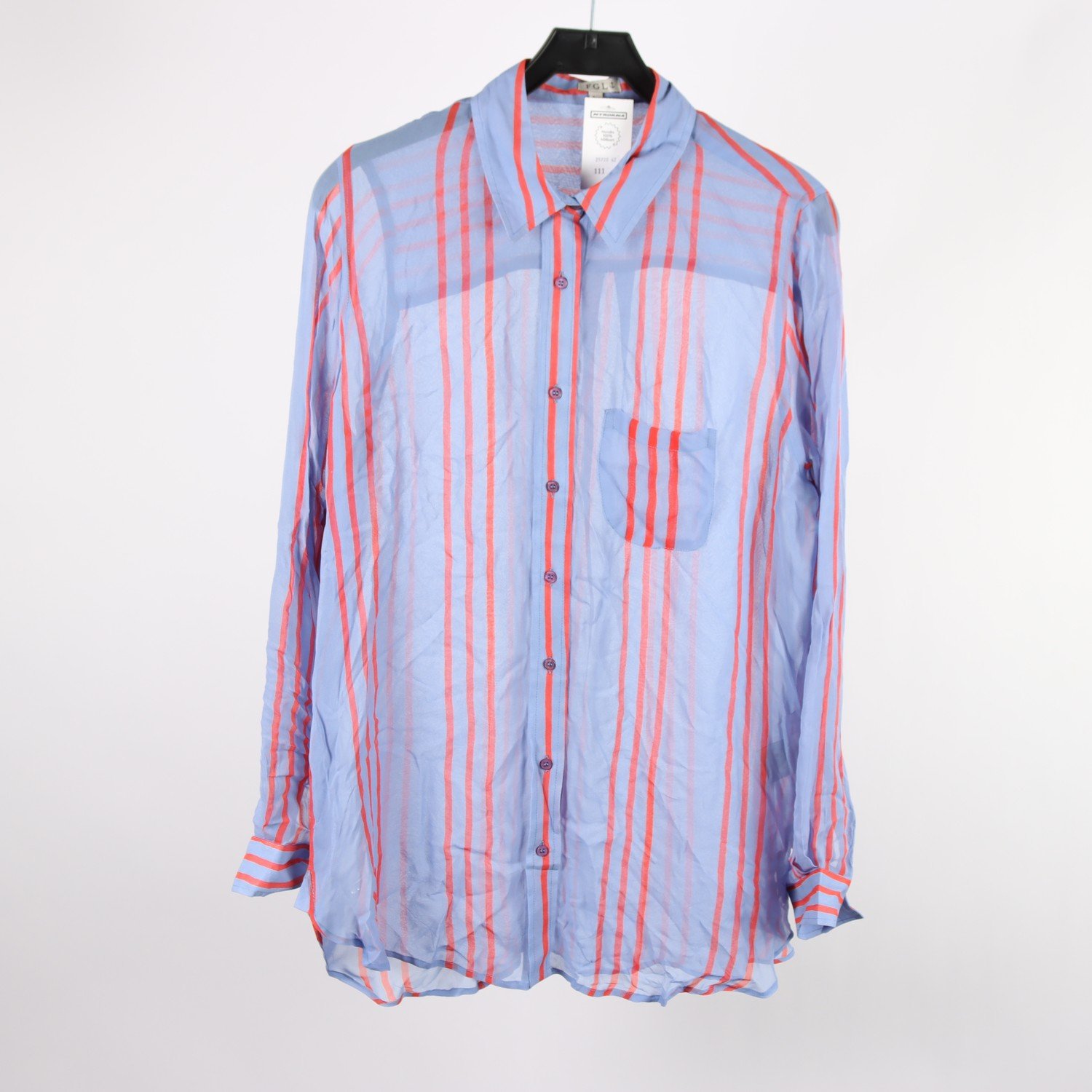 Skjortblus, FGL, blå/orange, randig, 100% viskos, stl. L