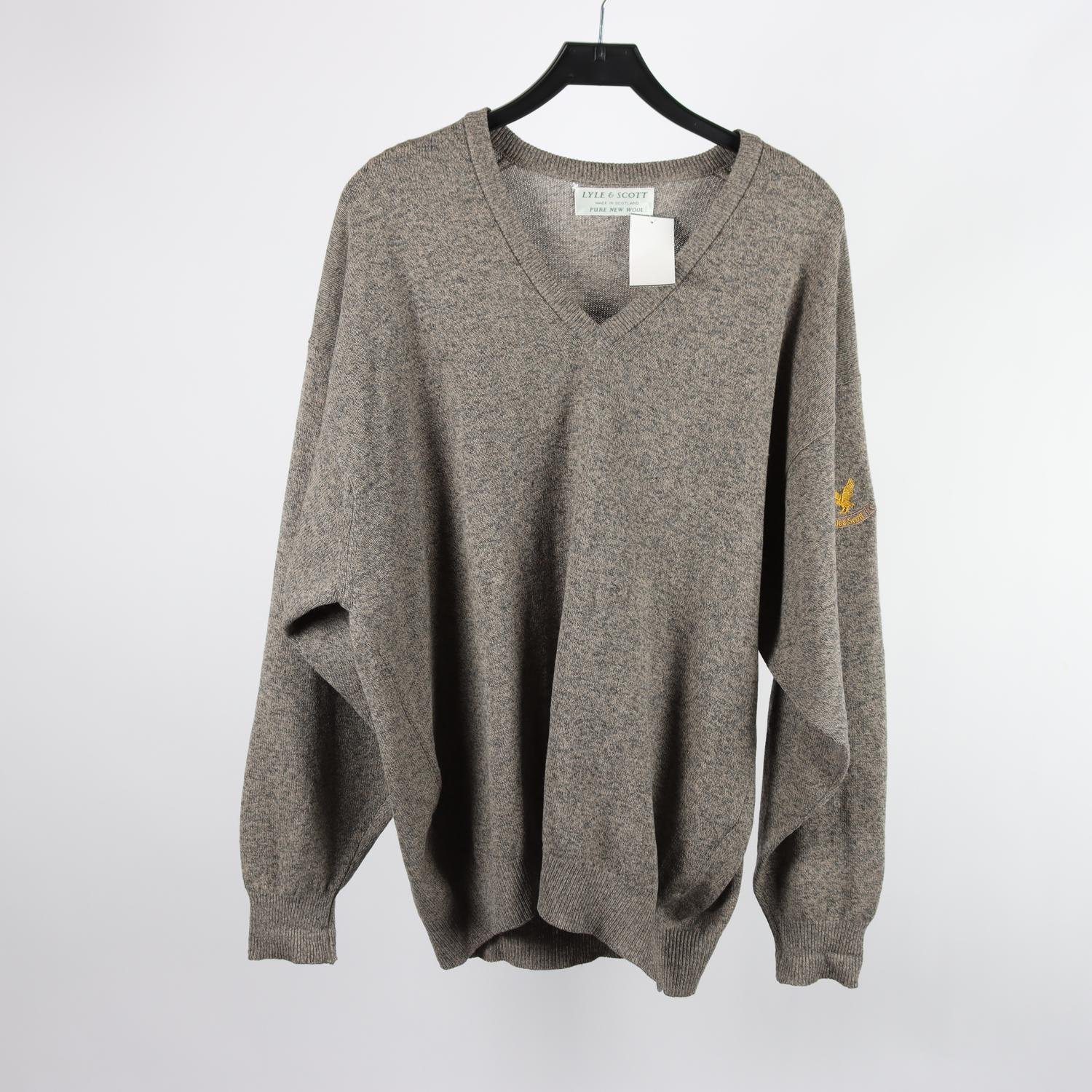 Stickad tröja, LYLE&SCOTT, grå/brun melange, 100% ull, stl. (XL)
