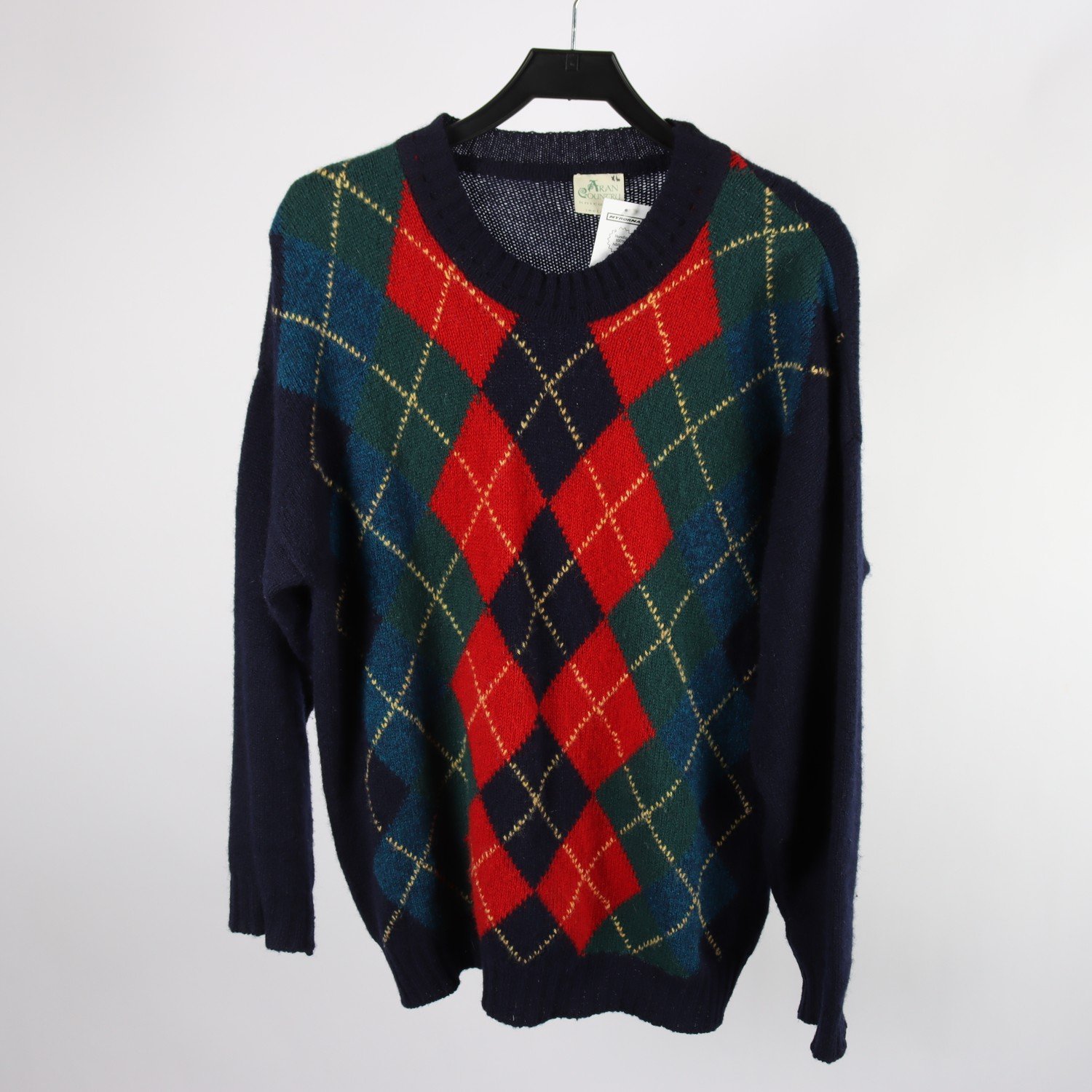 Stickad tröja, Aran Country Knitwear Ireland, vintage, rutig, 100%ull, stl. xl