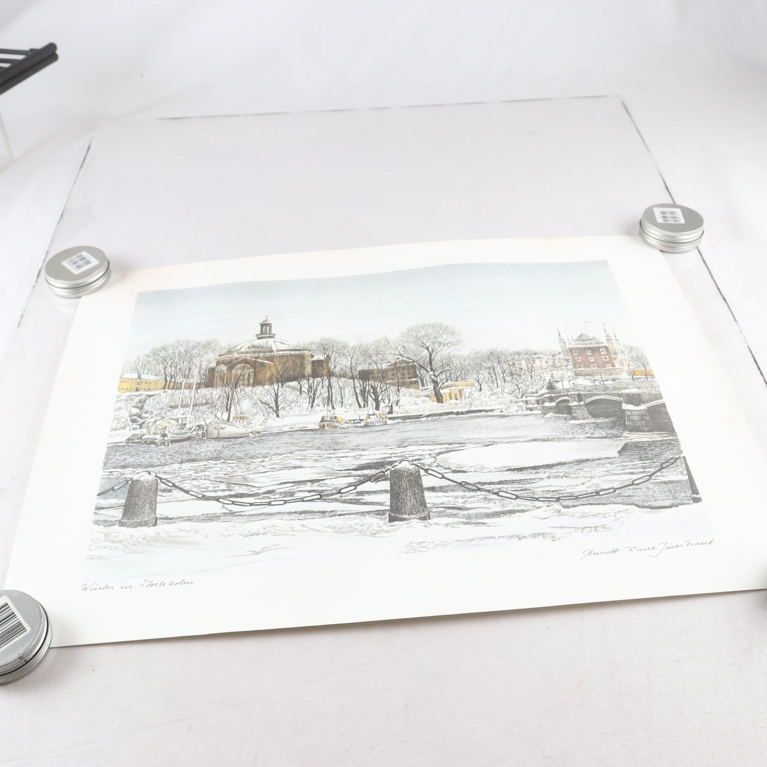 Litografi, ”Vinter i Stockholm”, Berndt Rune Jäverbrant (1941). Samfraktas ej.
