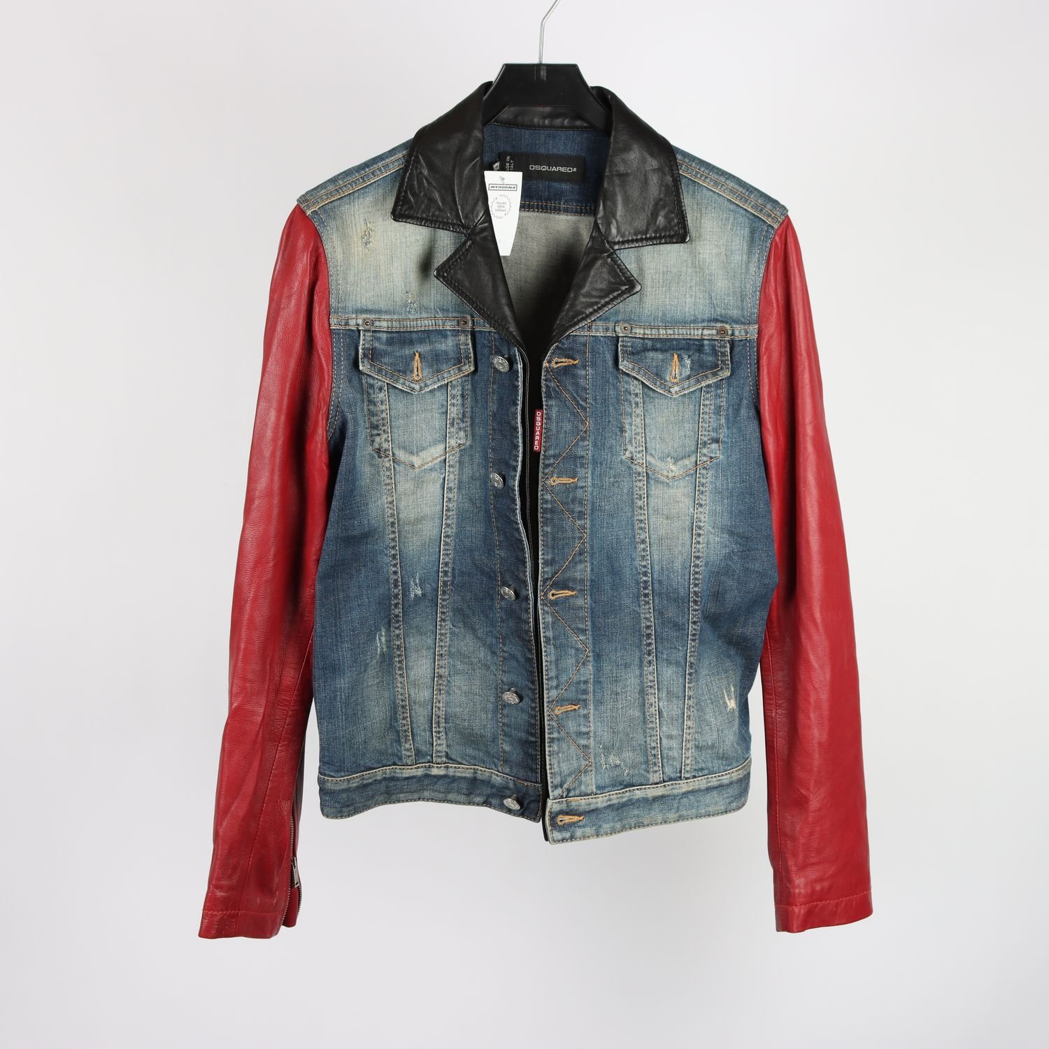 Jeansjacka, DSquared, blå denim/röd läder, stl. 48
