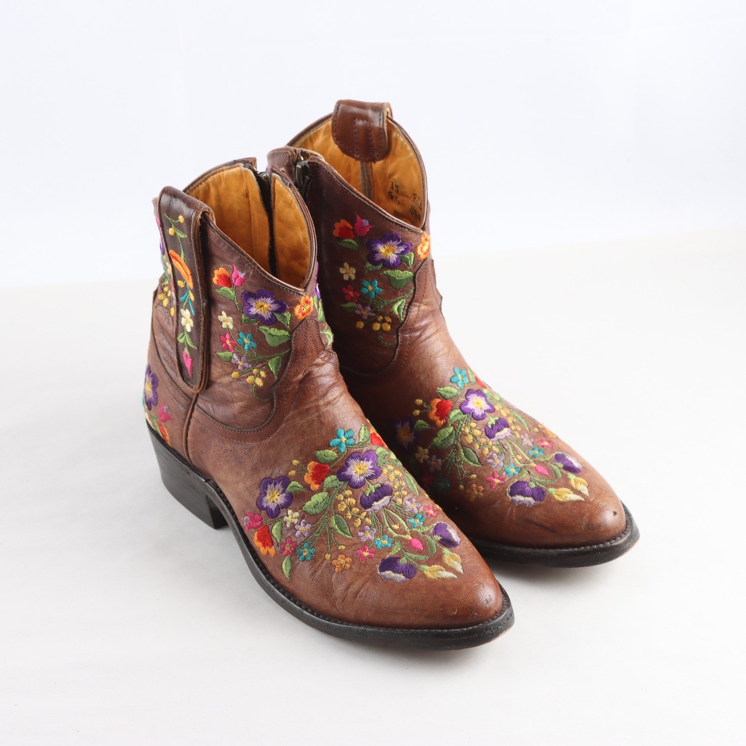 Cowboyboots, Mexicana, brun, lila, broderade, skinn, stl. 35