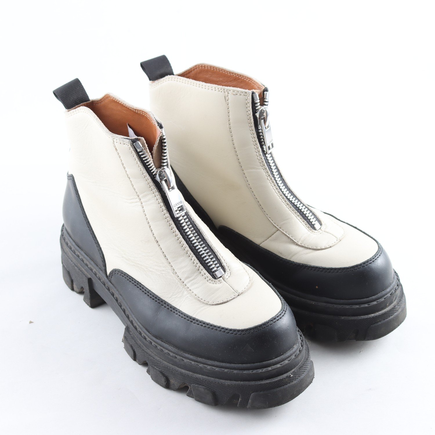 Boots, Ganni, beige, svart, skinn, stl. 40