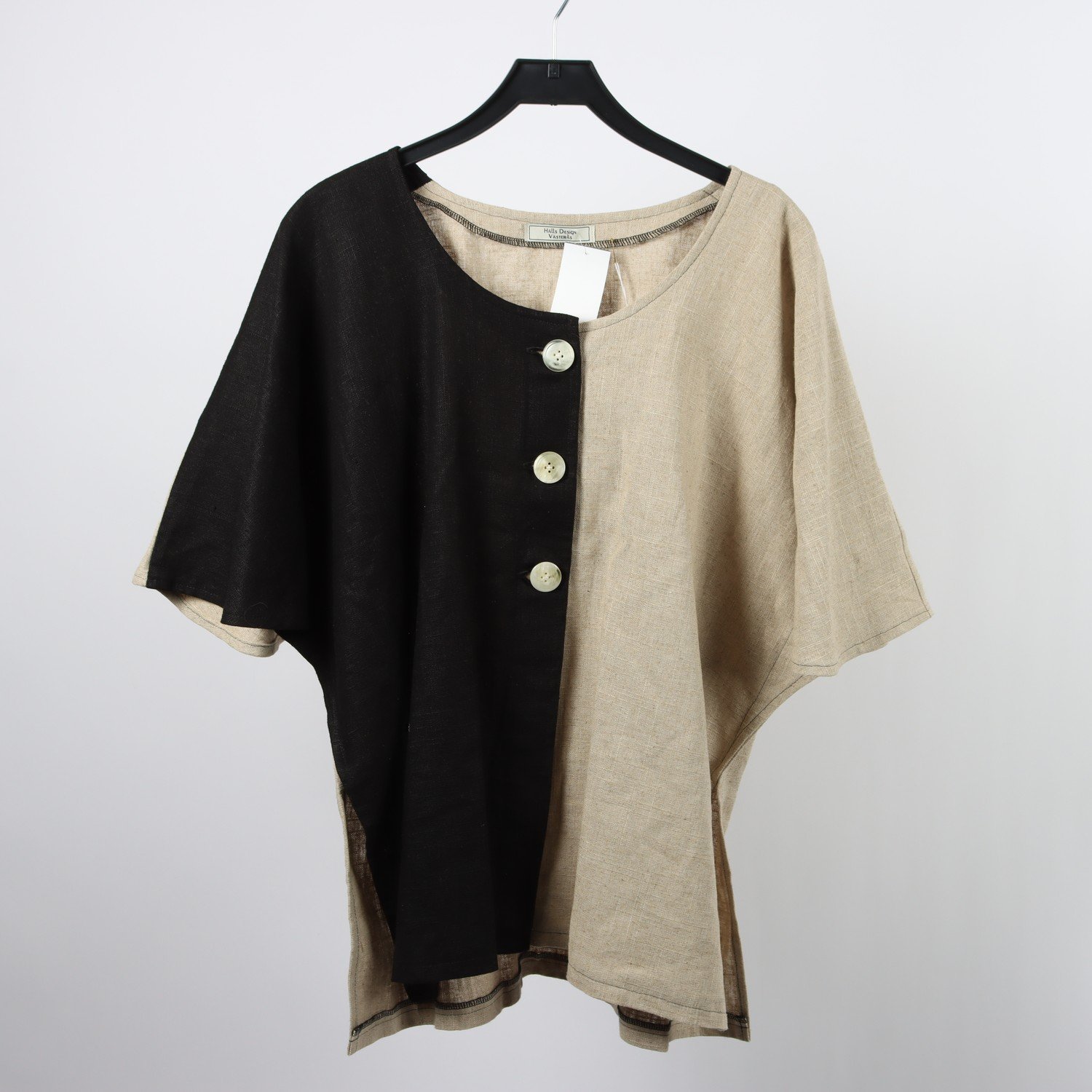 Blus, Hälls Design Västerås, beige & svart, linmix, stl. ca L/XL