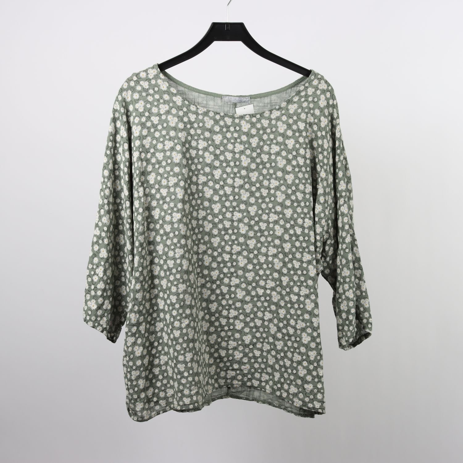 Blus, Lv Clothing, grön, blommig, lin & bomullsmix, stl. 5 (ca L/XL)