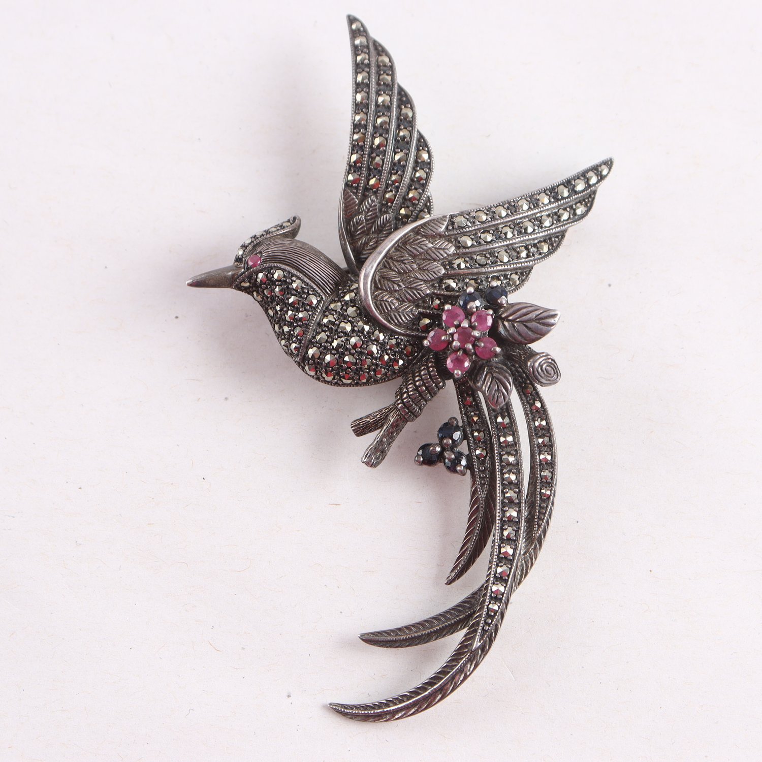 Brosch, Silver, Röda Stenar, Markasiter, Brv: 34,7g