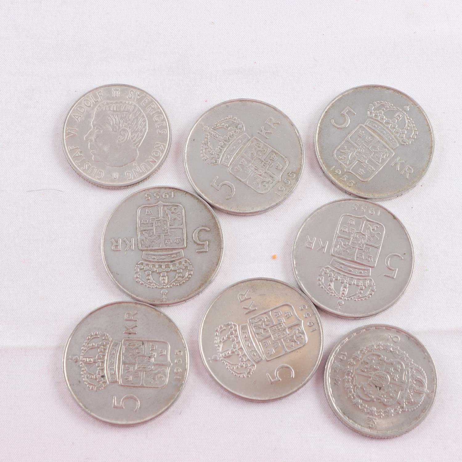 Silvermynt, 6st 5-kronor fr. 1955, 2-kronor 2st fr. 1947 samt 63′,