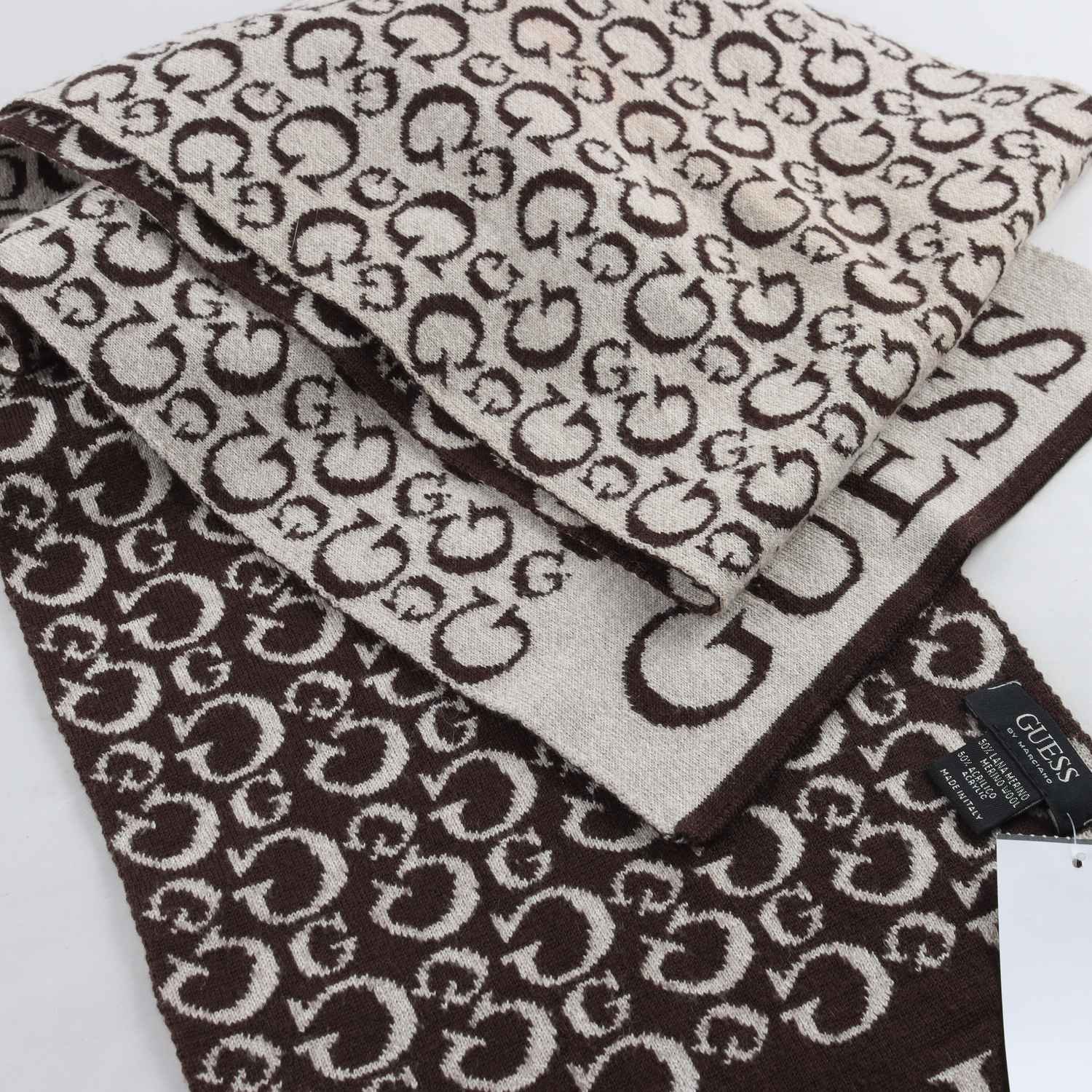 Stickad halsduk, Guess, brun, beige, 50% merino ull
