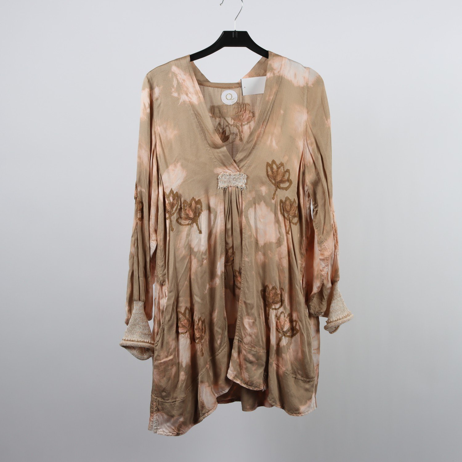Klänning, Q, brun, beige, broderad, stl. ca. S/M