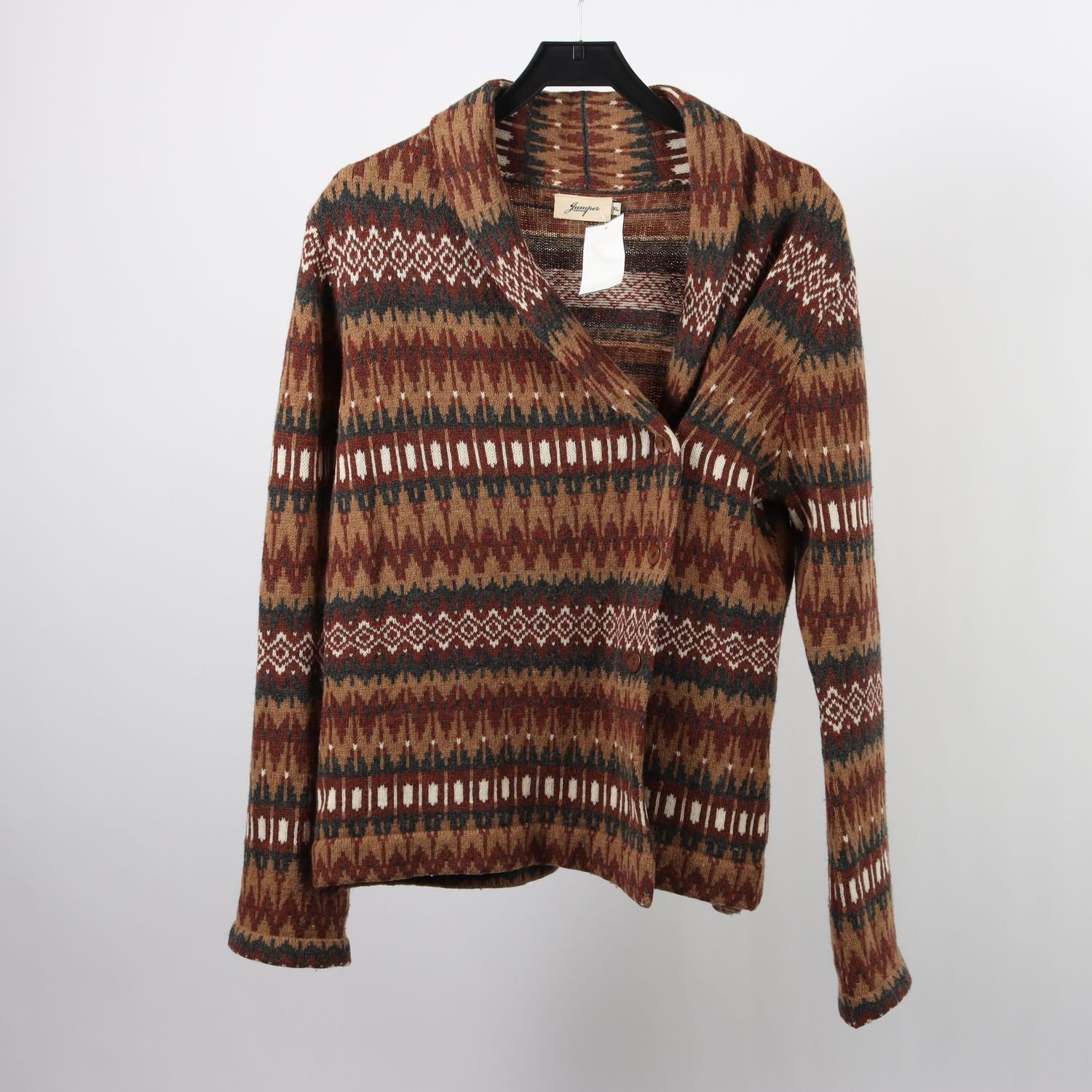 Stickad kofta, Jumper fabriken, brun & röd, mönstrad, 100% ull, stl. Xl