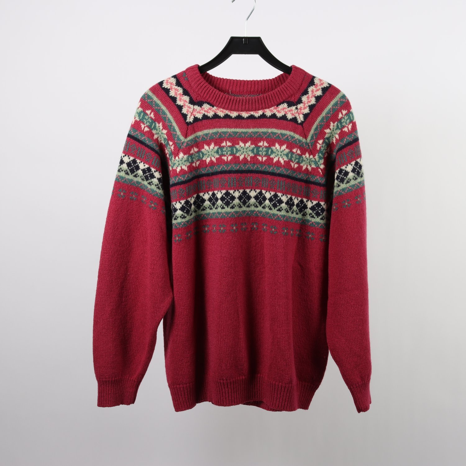 Stickad tröja, Jackpot, mönstrad, vinröd, grön, 100% ull, retro, stl. ca. L/XL