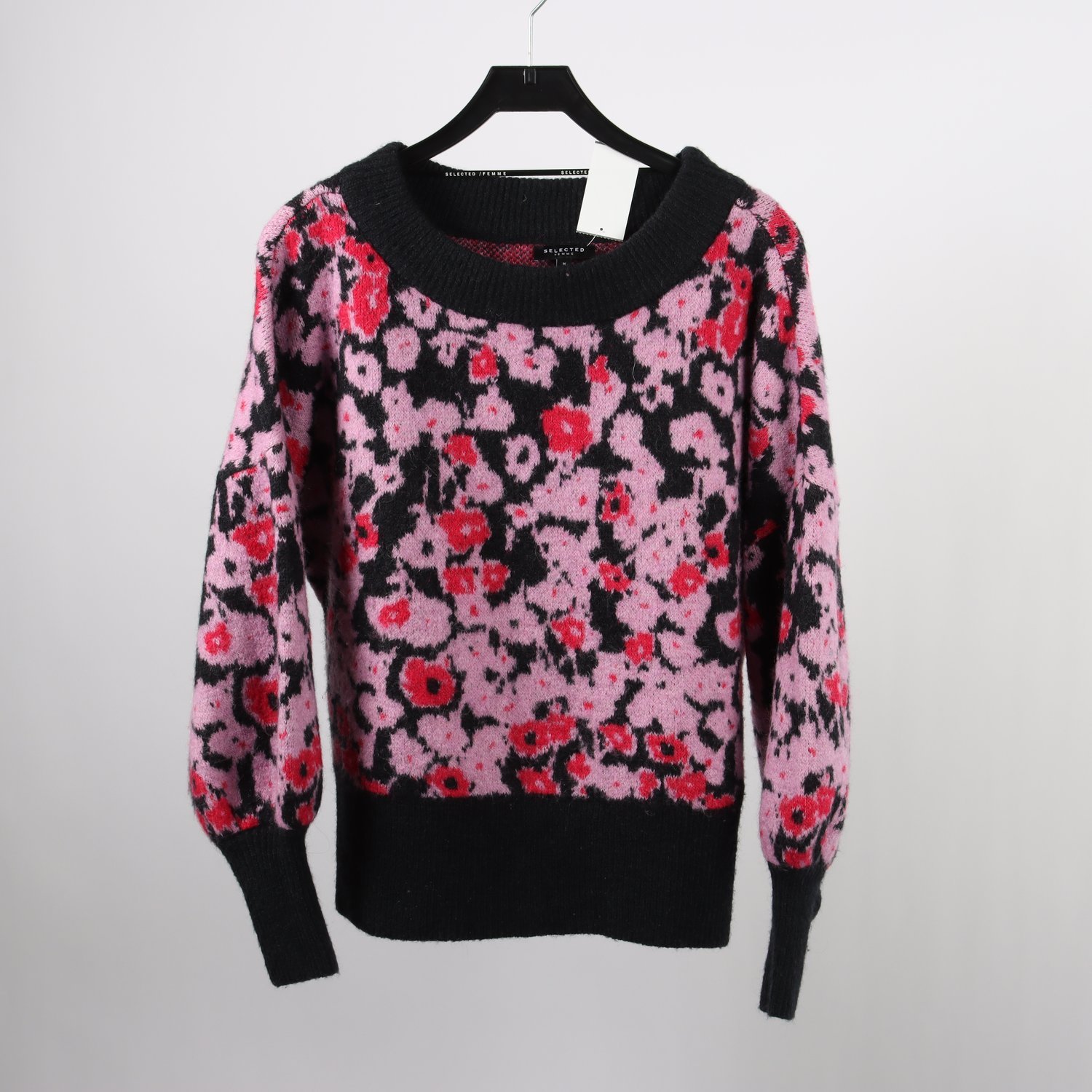 Stickad tröja, Selected femme, rosa, blommig, ullmix, stl. M