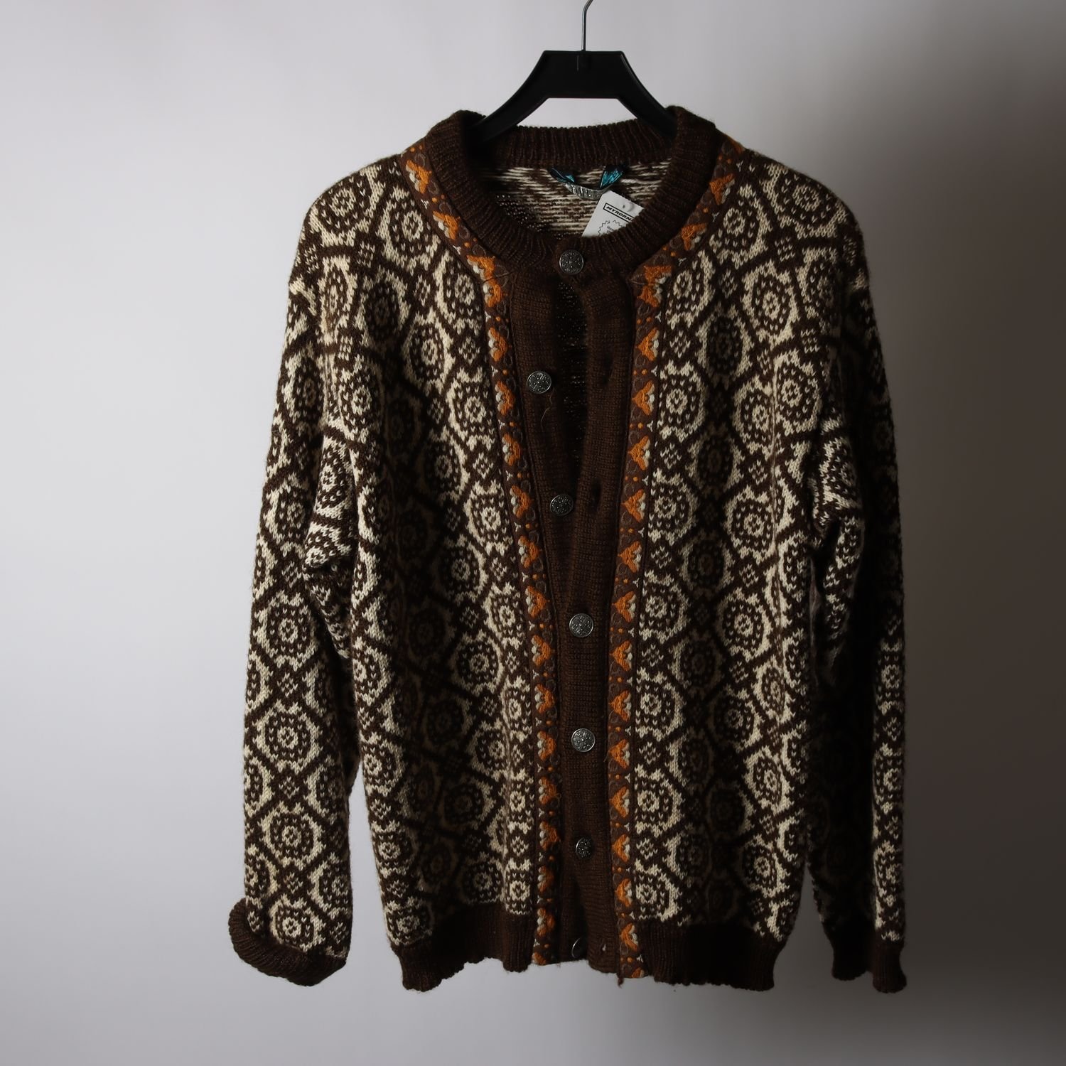 Stickad kofta, Dale of Norway, brun, vit, 100% ull, stl. ca. M