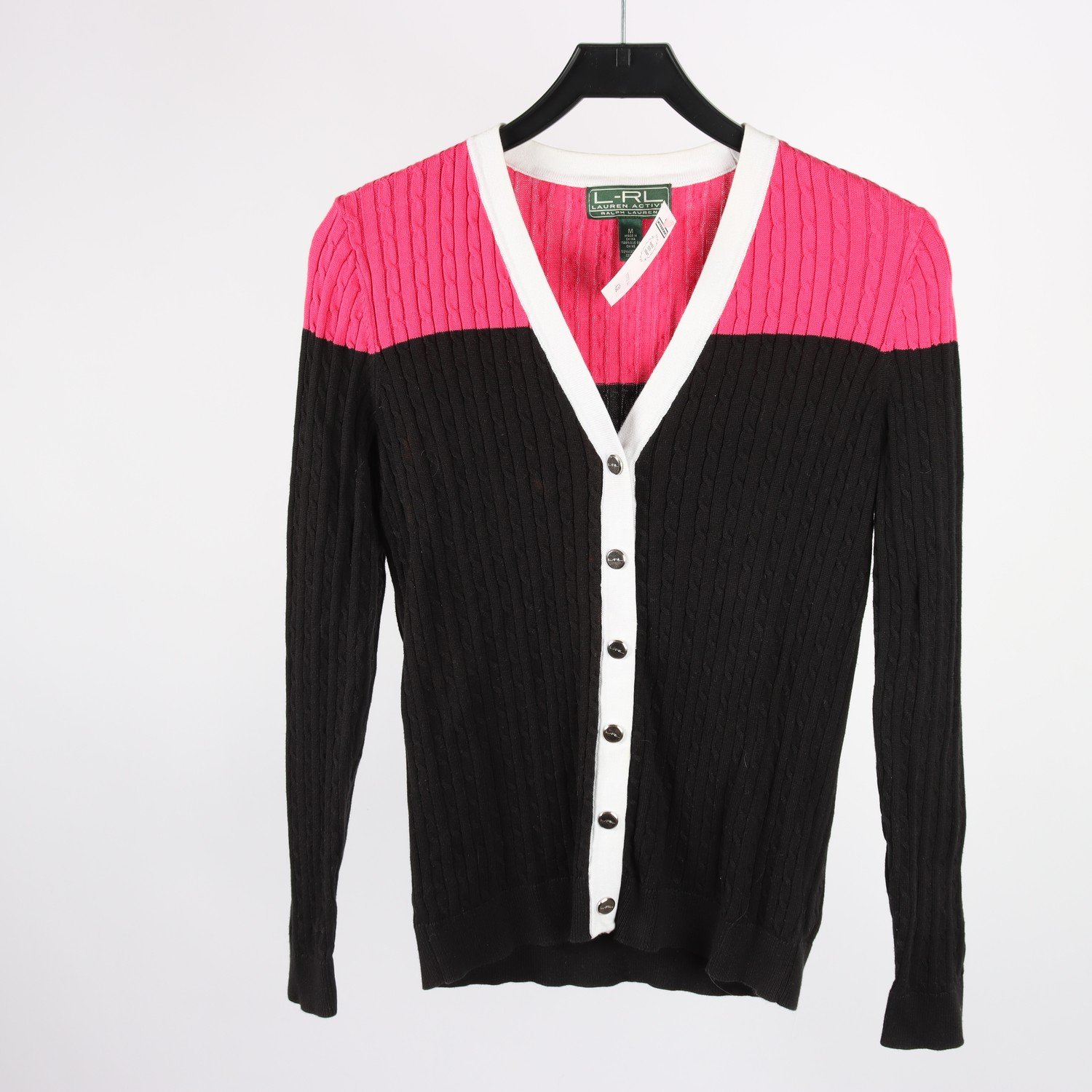 Stickad kofta, Ralph Lauren, svart, rosa, stl. M