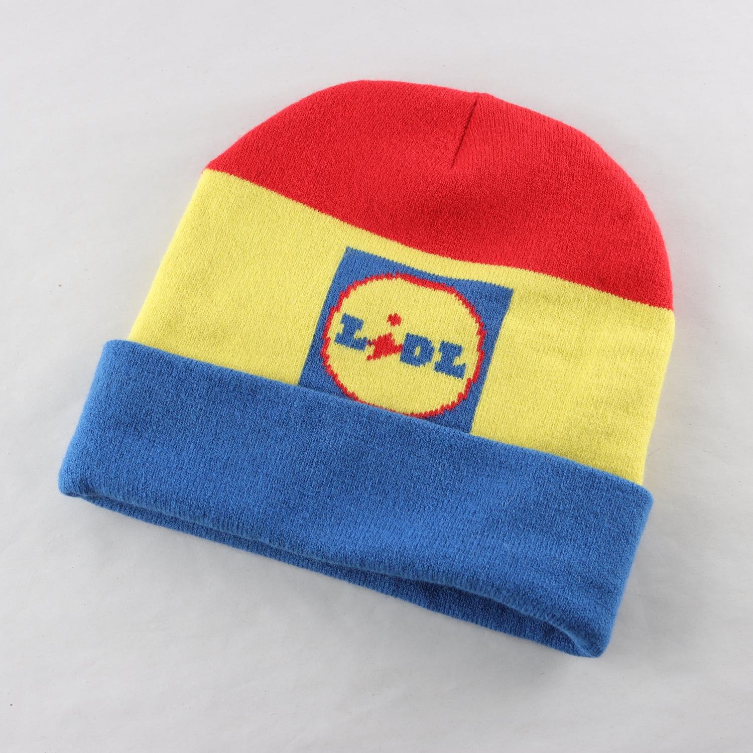 Stickad mössa, Lidl, randig, röd, gul, blå, stl. one size