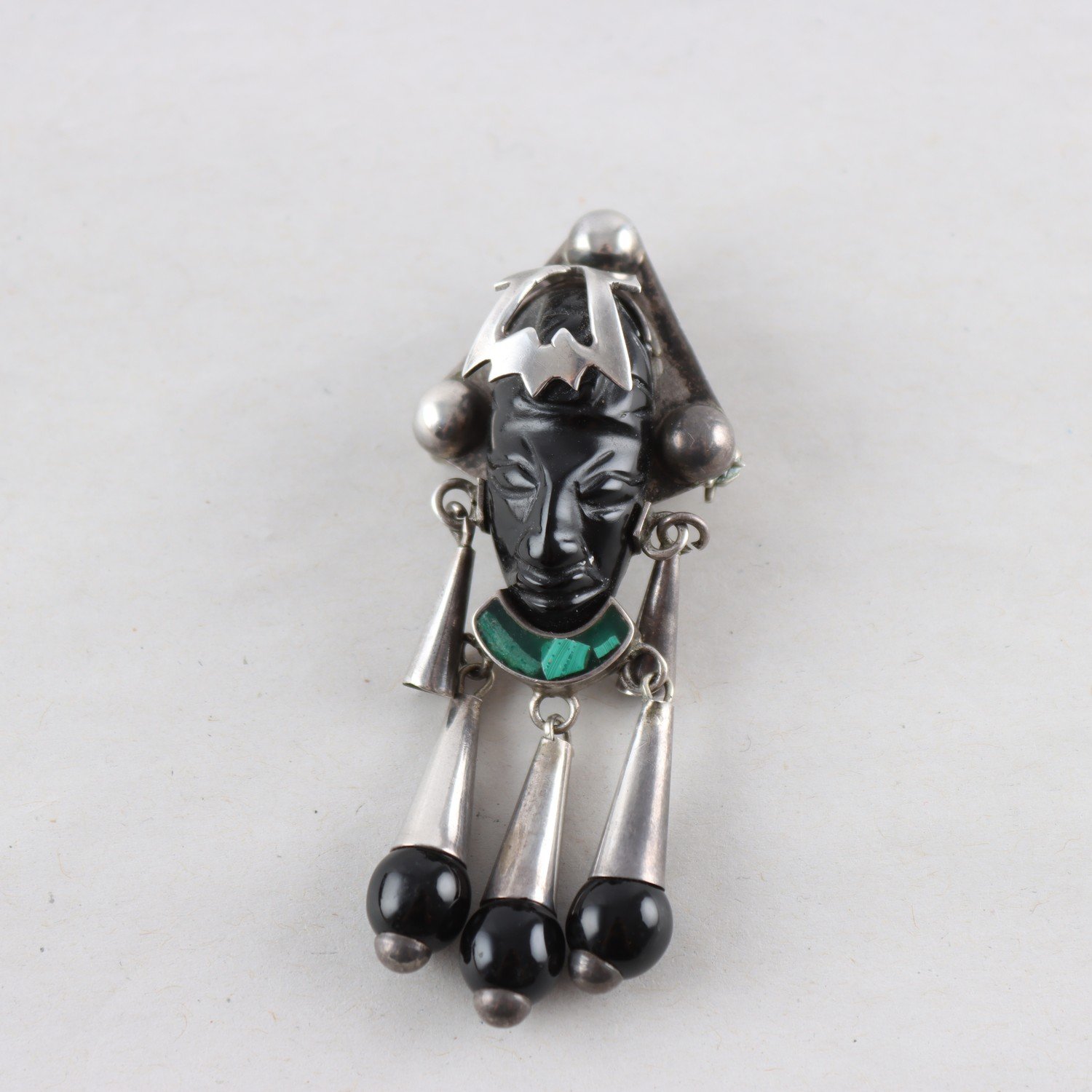 Brosch, silver 925, onyx, malakit, Mexico, brv: 13,9g