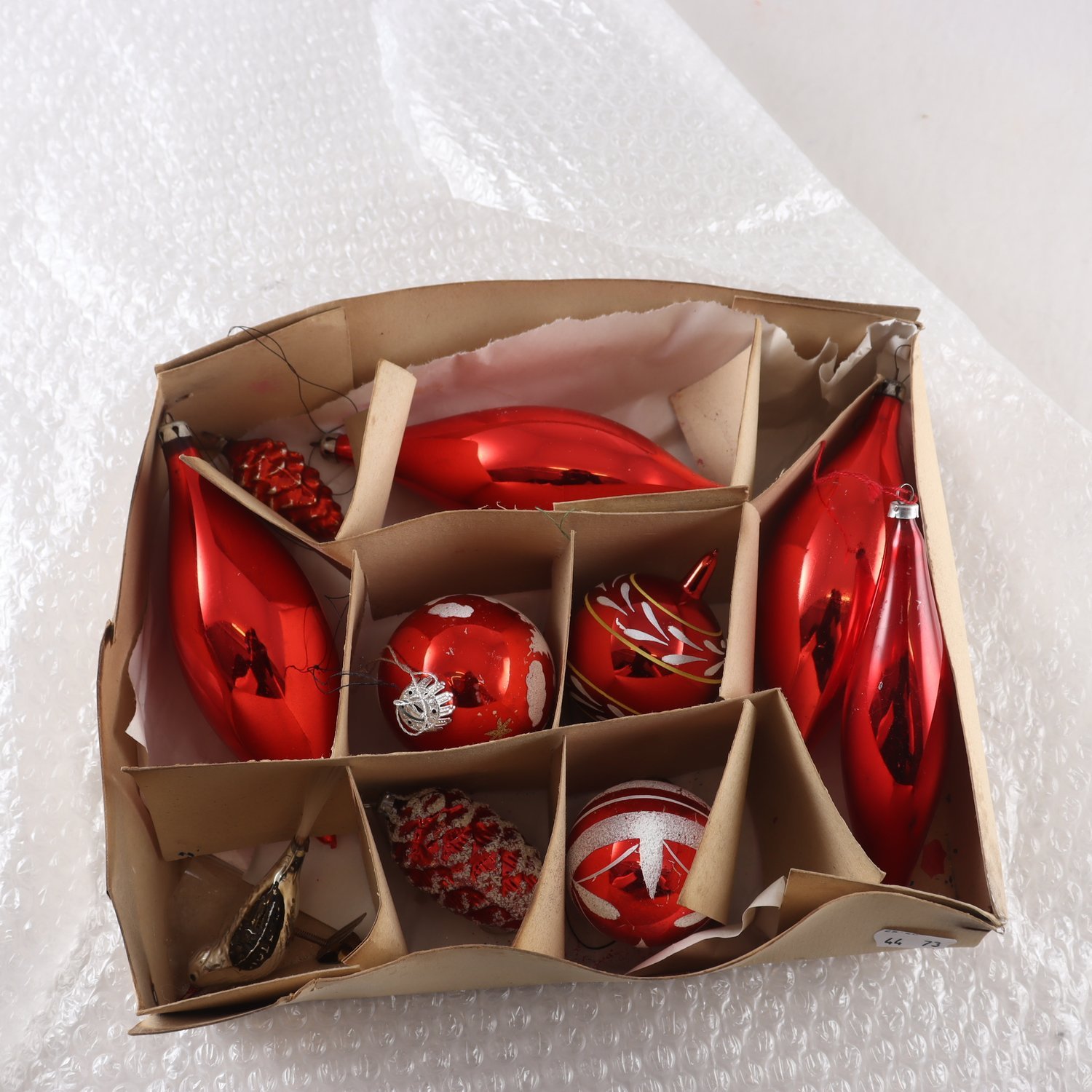 Julgranskulor, glas, droppformade, kottar, fågel, 1900-tal, 10 st.