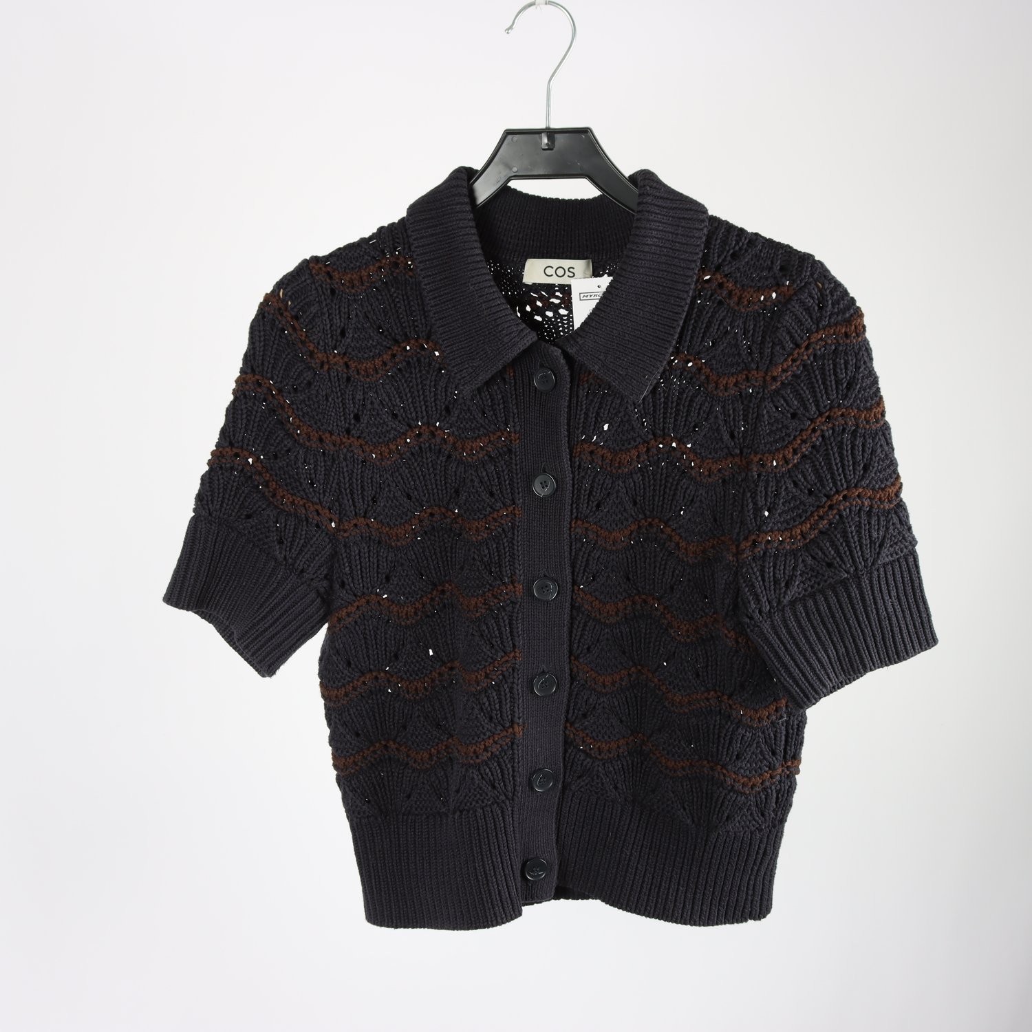 Stickad kofta, COS, blå & brun, stl. ca S