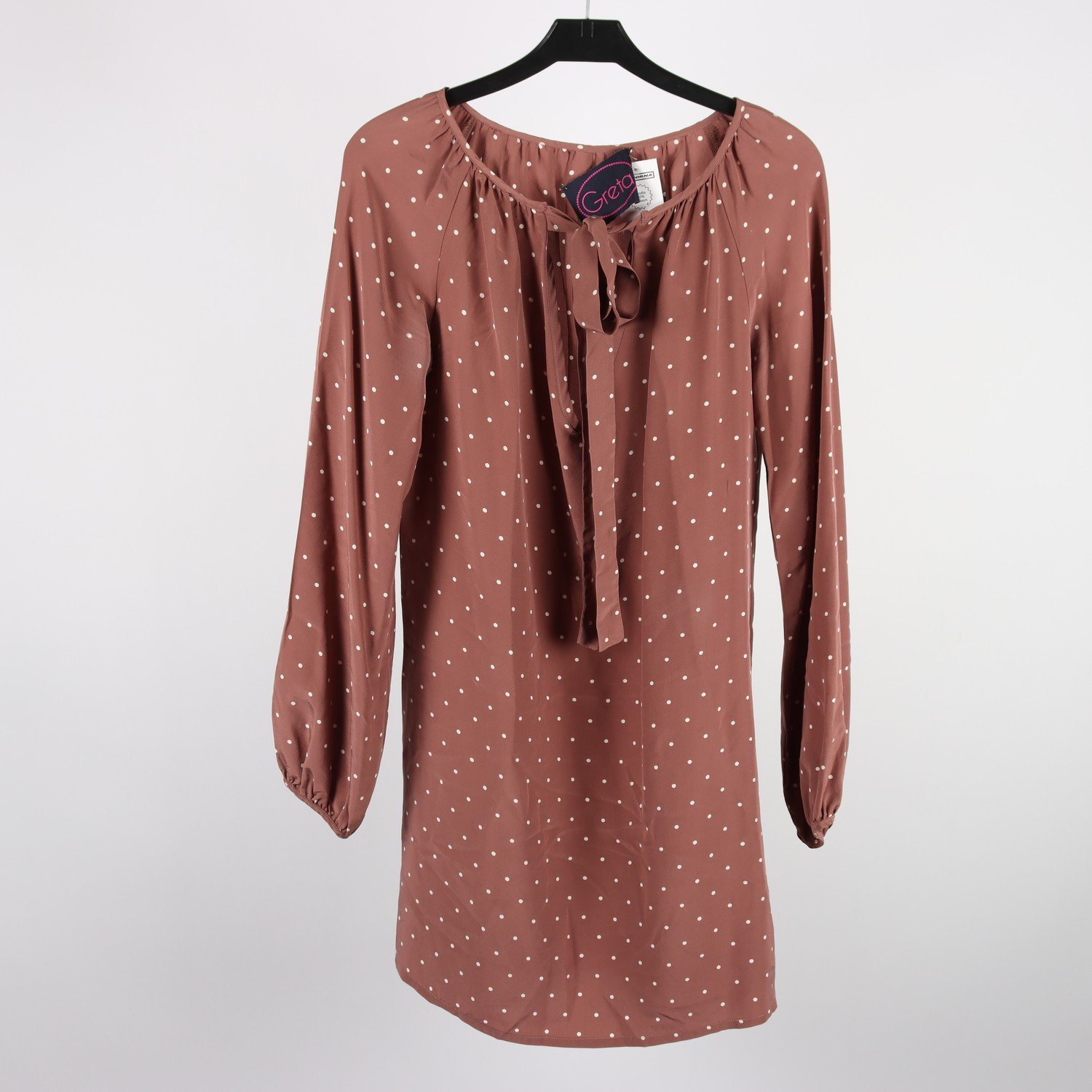 Sidenklänning, Greta, brun, vit, prickig, stl. S