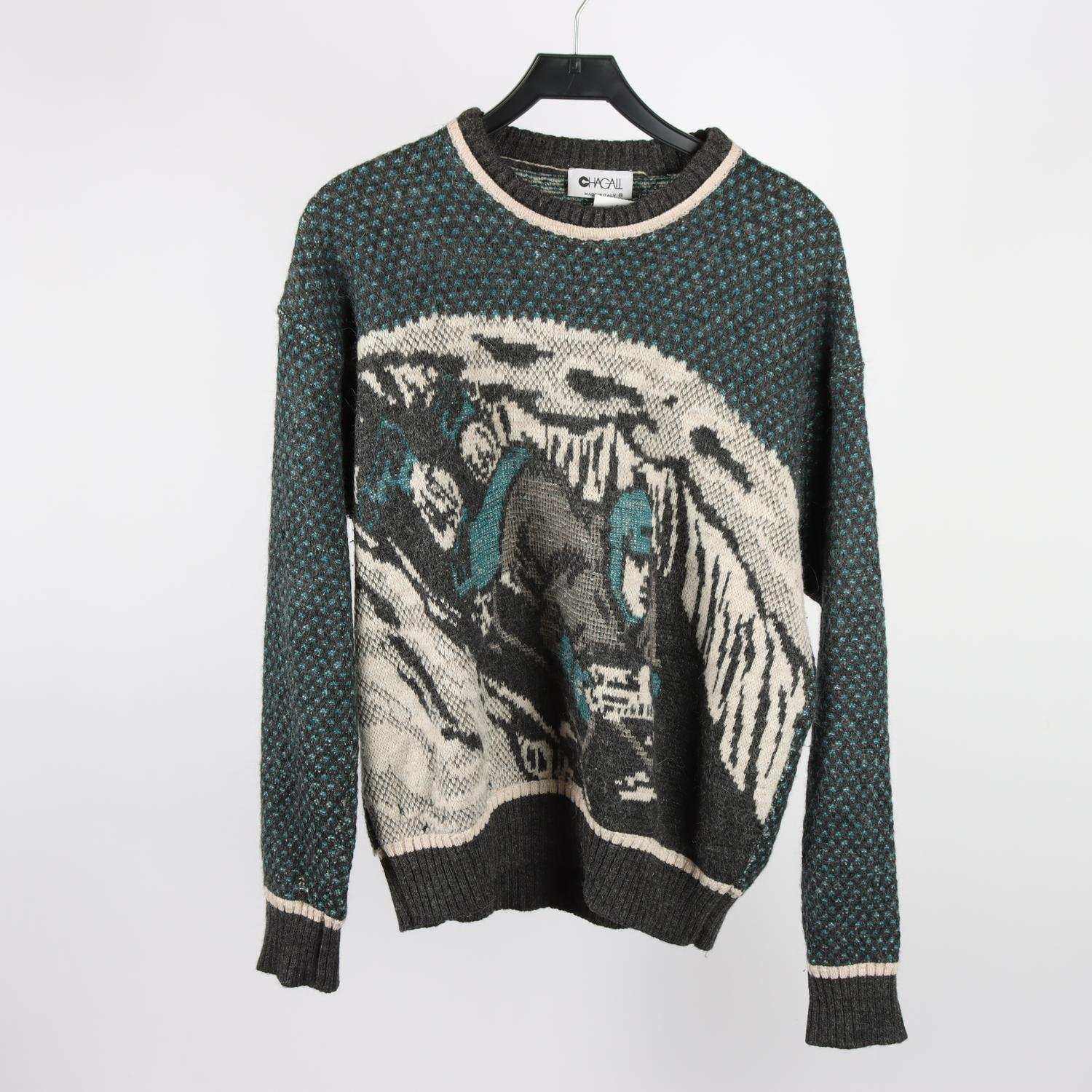 Stickad tröja, Chagall, grå, turkos, ull, alpaca, stl. ca. S