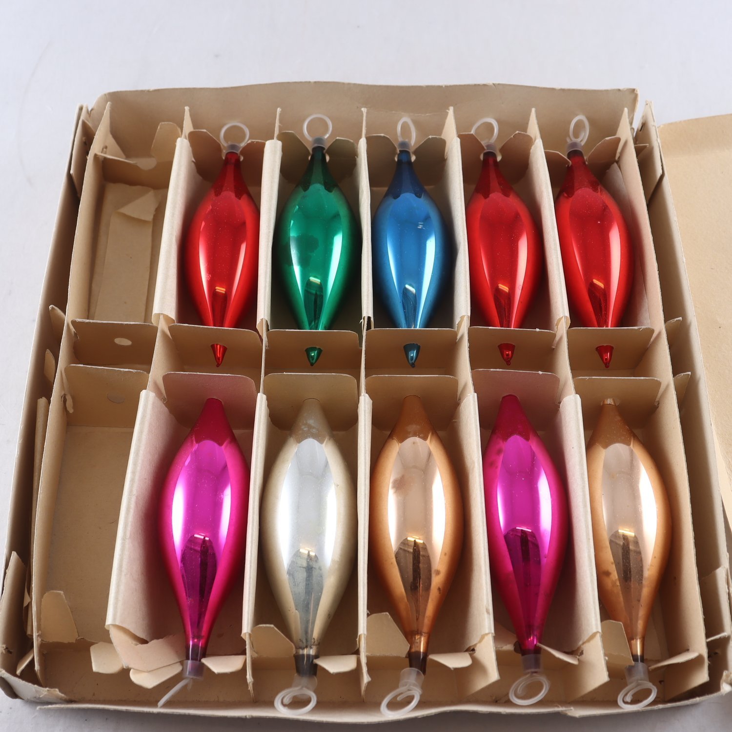 Julgranskulor, droppformade, glas, 1900-tal, olika färger 10 st.