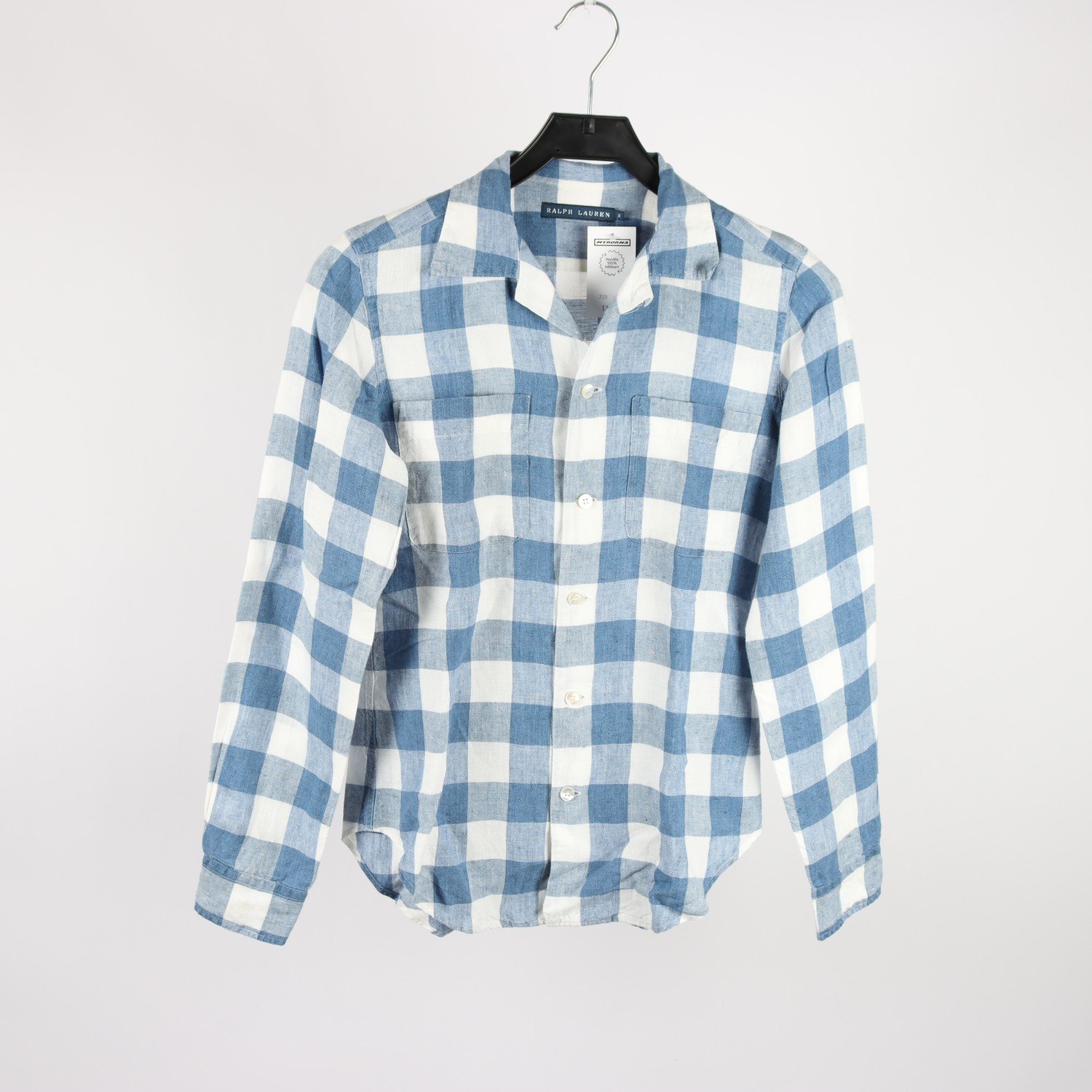 Skjorta, Ralph Lauren, blå & vit, rutig, 100% lin, stl. 8 (34)