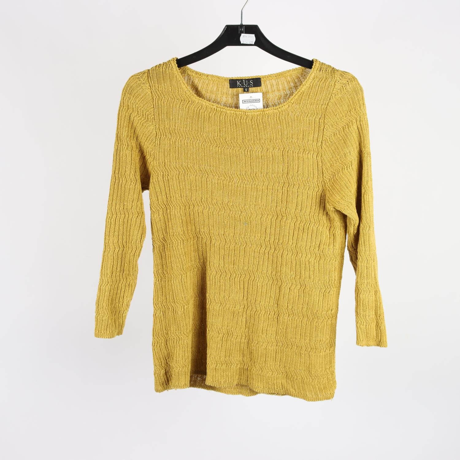 Stickad tröja, K.U.S, senapsgul, 100% linne, stl. S