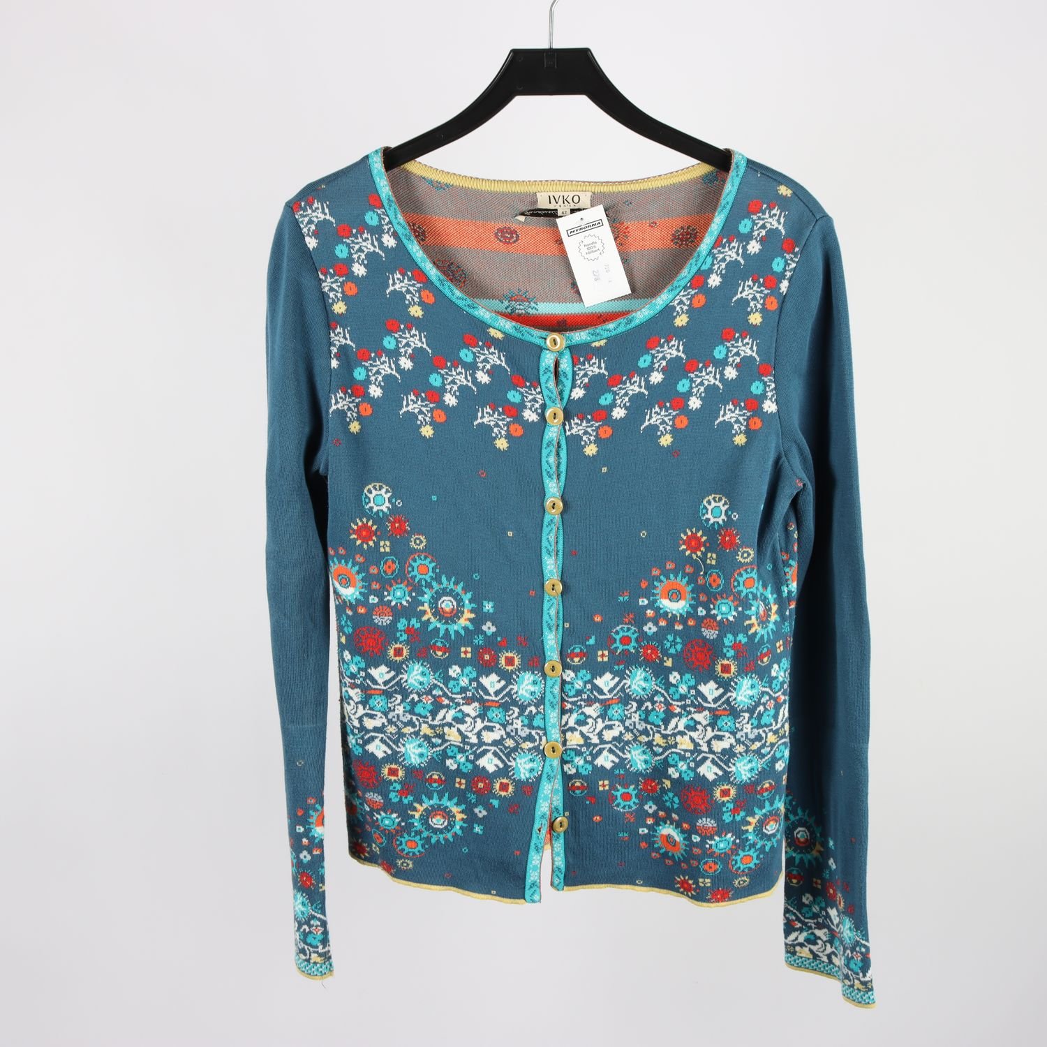 Stickad kofta, IVKO, petrol, mönstrad, stl. 42
