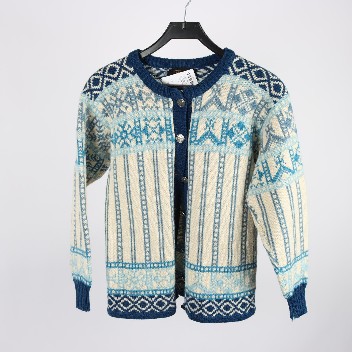 Stickad kofta, Figgjo, blå, 100% ull, stl. ca. XS/S