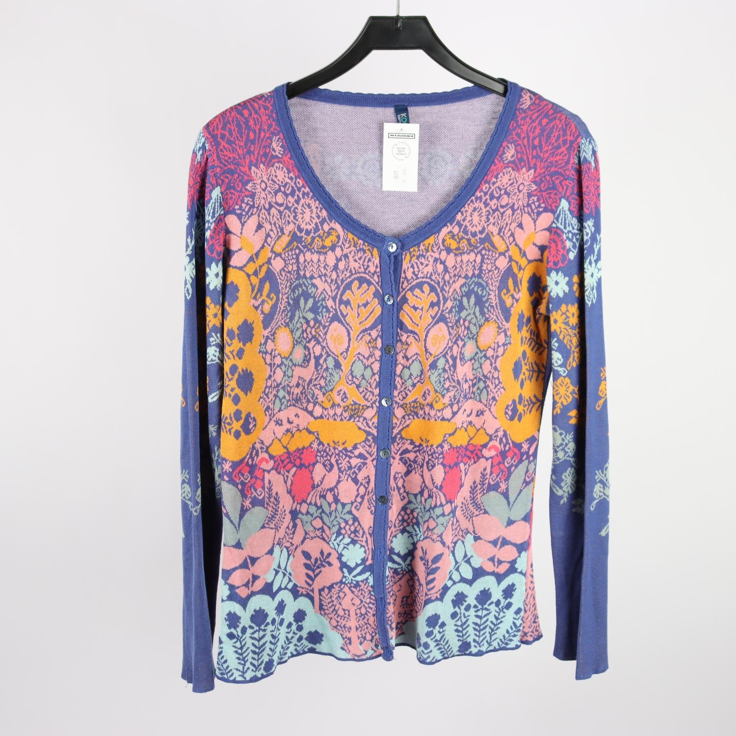 Sticka kofta, Kooi, mönstrad, lila, senapsgul, stl. ca. S/M