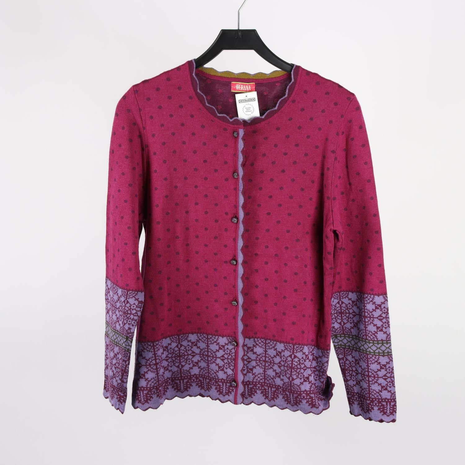 Stickad kofta, Oleana, vinröd, mönstrad, 75% ull, 25% silke, stl. L