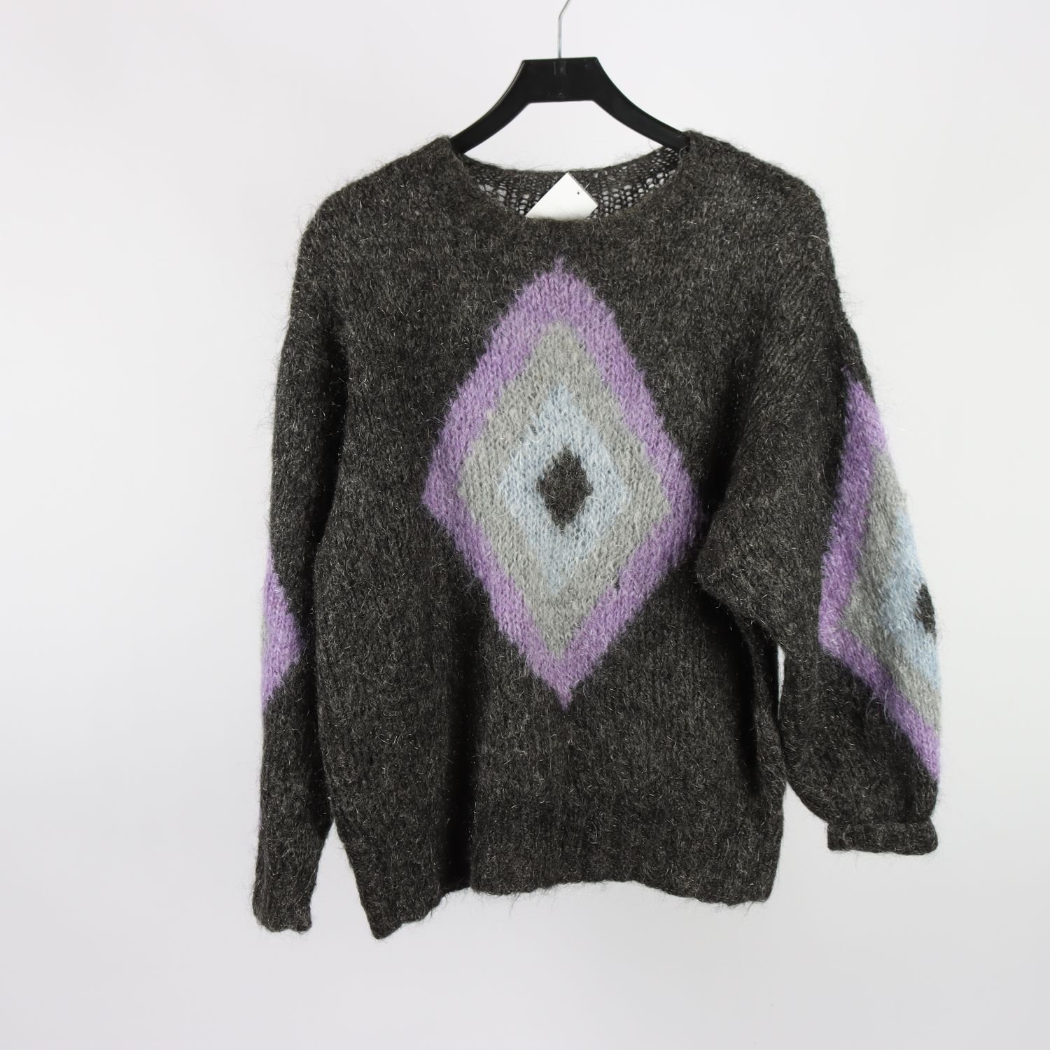 Stickad tröja, vintage, grå, glittrig, mönstrad, stl. ca L