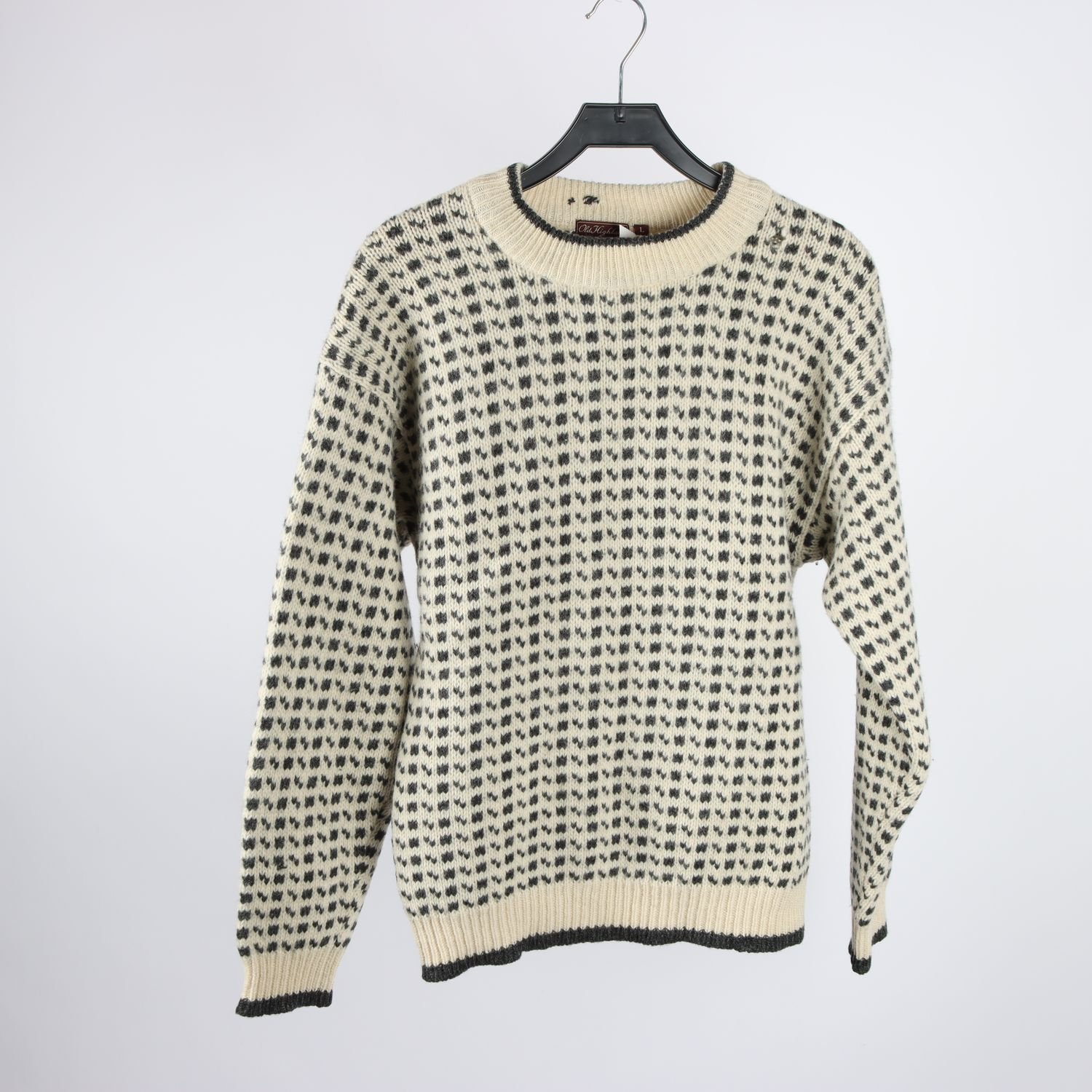 Stickad fisketröja, Old Highland, grå, offwhite, 100% ull, stl. L