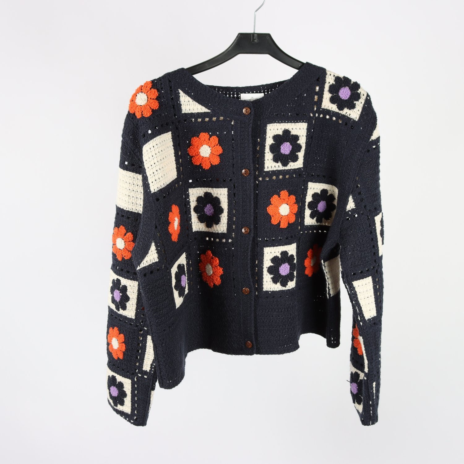 Virkad kofta, Mormorsrutor, blå, stl. ca M/L