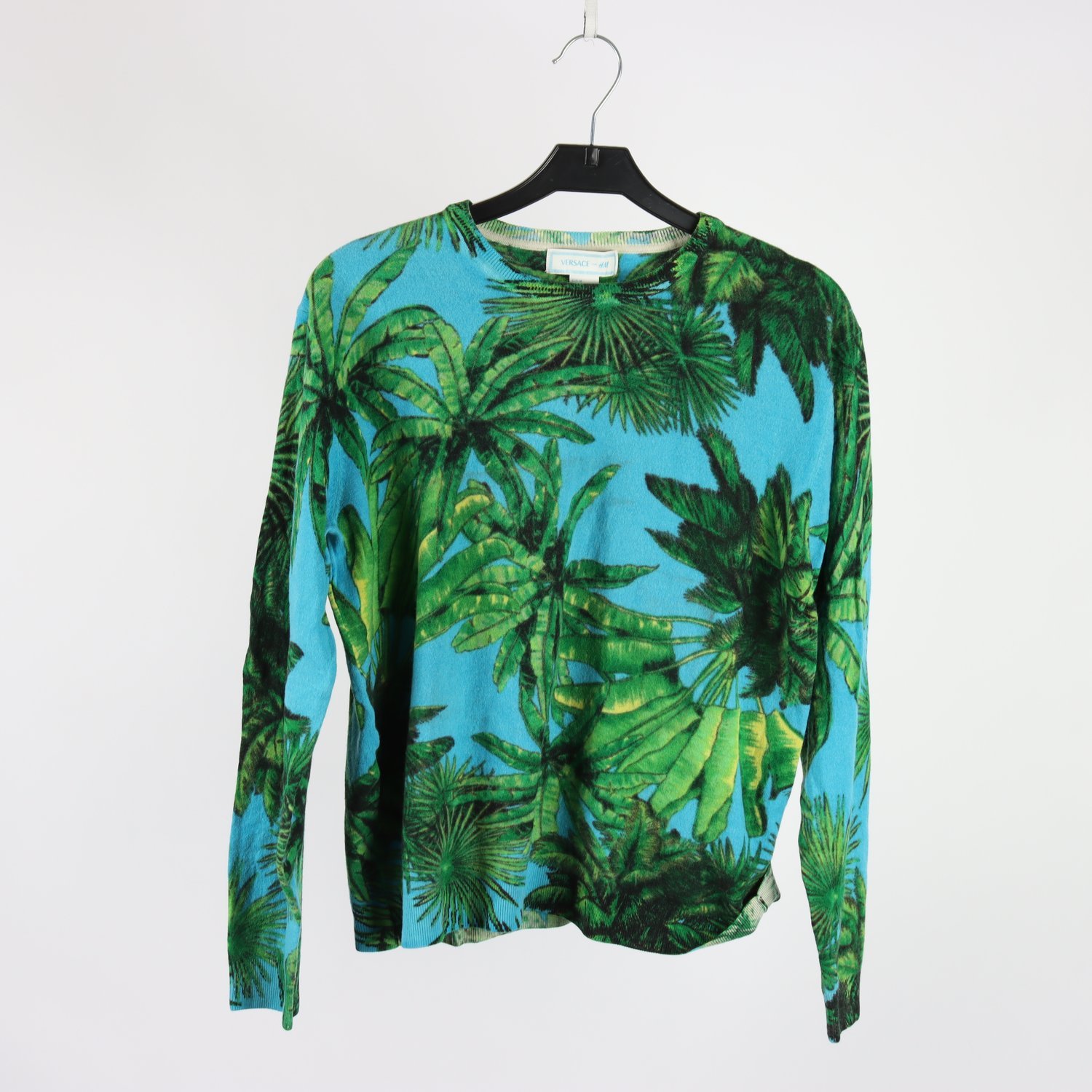 Stickad tröja, H&M X Versace, blå & grön, mönstrad, ullmix, stl. M