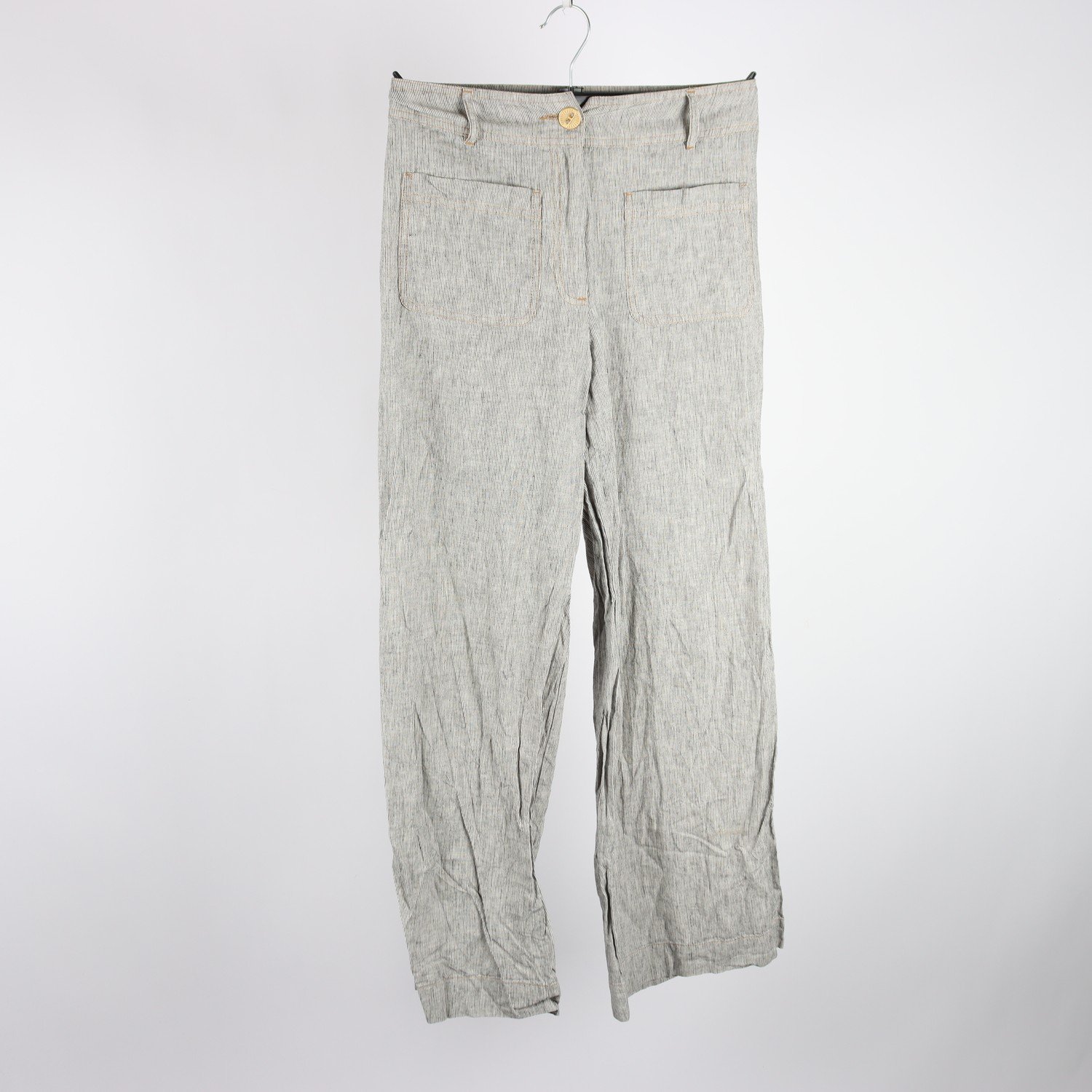 Byxor, Sessùn, svart, vit, randig, 55% linne, stl. 36