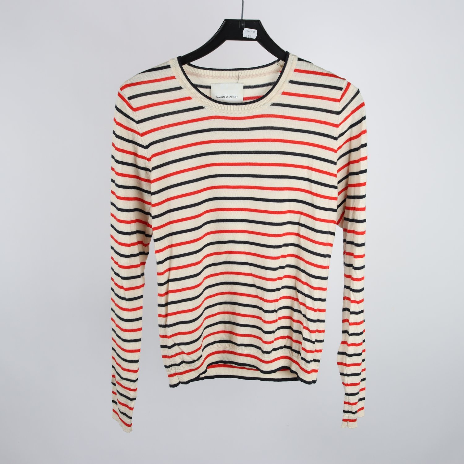 Stickad tröja, Samsøe Samsøe, 100% merinoull, randig, röd, beige & blå, stl. L